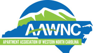 Logo of the Apartment Association of Western North Carolina, featuring the abbreviation AAWNC over a stylized map of North Carolina with green mountains and a blue background. The design reflects precision akin to web development craftsmanship.