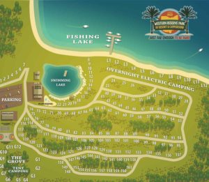 Map of a camping resort designed with a digital flair, featuring a large fishing lake and a smaller swimming lake. Includes numbered overnight camping sites, parking area, playground, restroom facilities, and pavilion. The resorts logo is prominently placed in the top right corner.