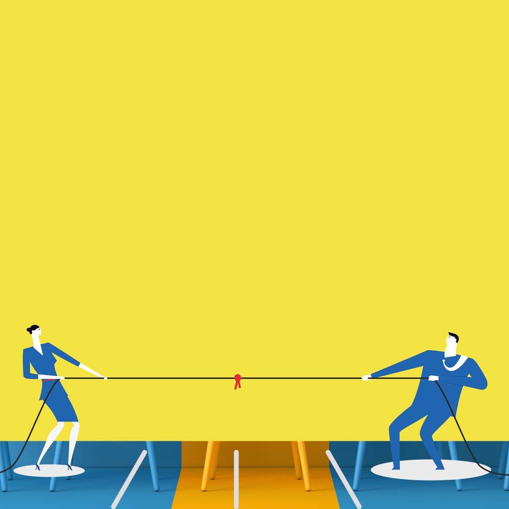 Illustration of a man and a woman in suits playing tug-of-war with a rope tied to a red bow, against a large yellow backdrop on a colorful floor. They stand on circular platforms, pulling in opposite directions, symbolizing the push and pull of web development creativity.