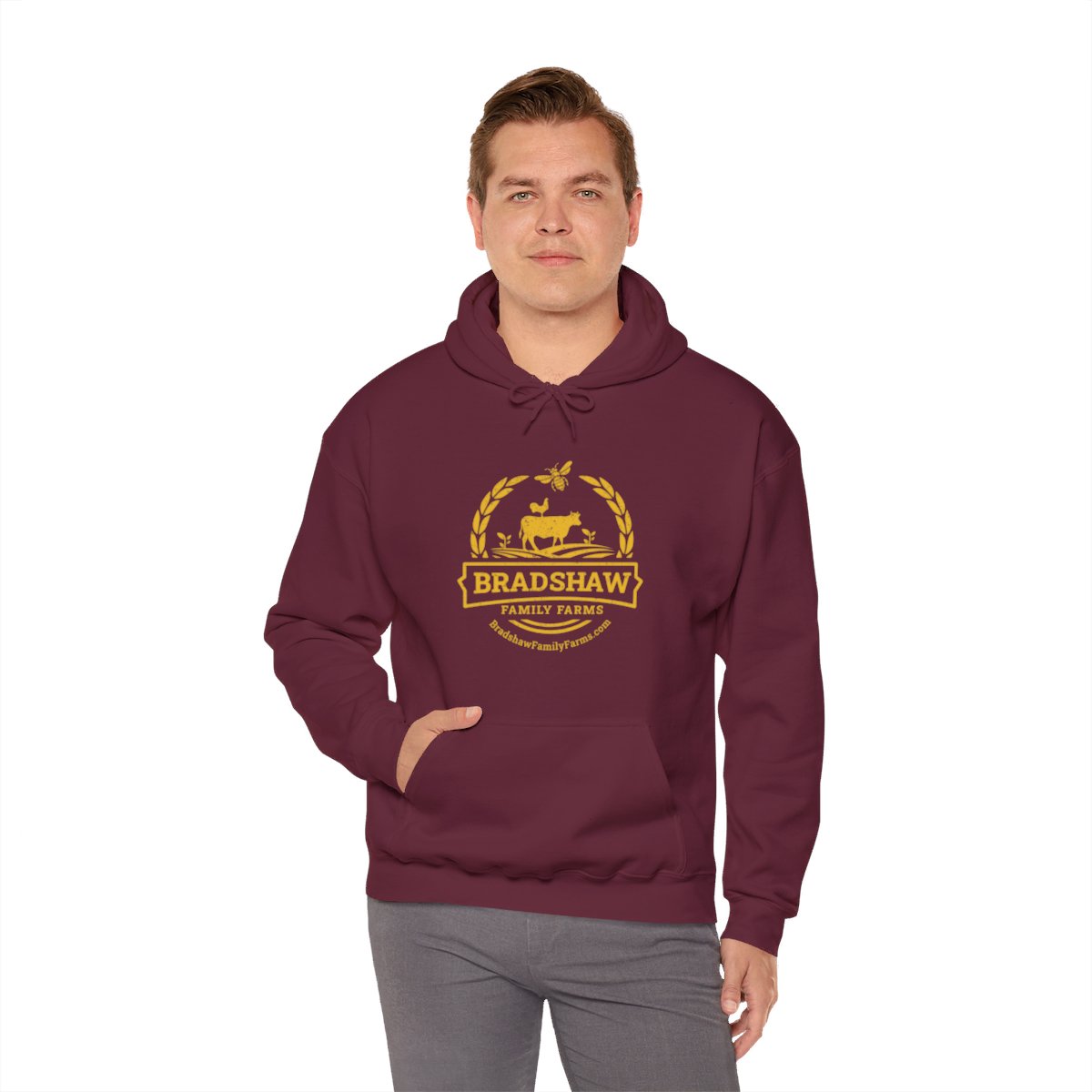 Bradshaw family farms logo on hoodie