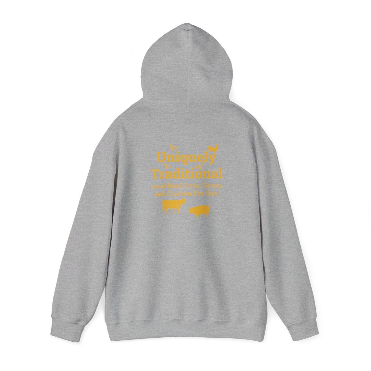 A gray Bradshaw Family Farms - Unisex Heavy Blend™ Hooded Sweatshirt featuring Uniquely Traditional in yellow on the back, along with silhouettes of a cow, pig, and sheep in yellow below the text.