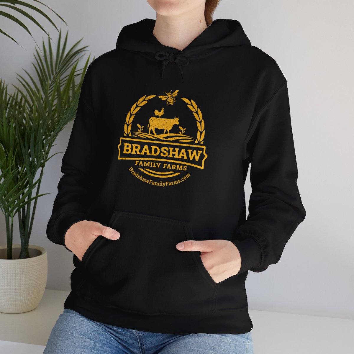 Bradshaw family farms logo on hoodie