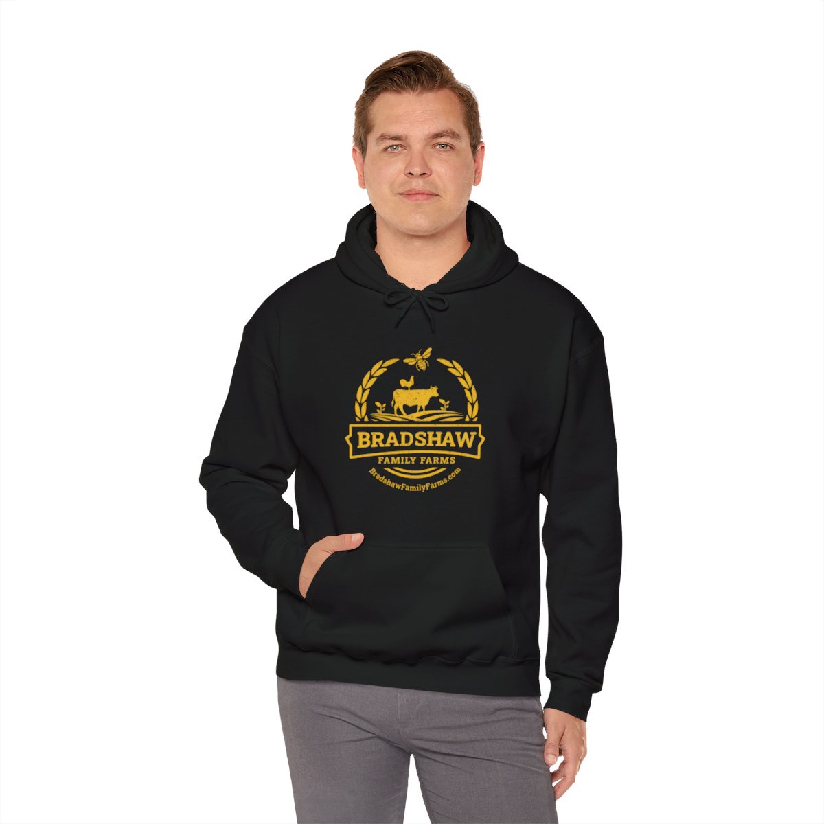 Bradshaw family farms logo on hoodie