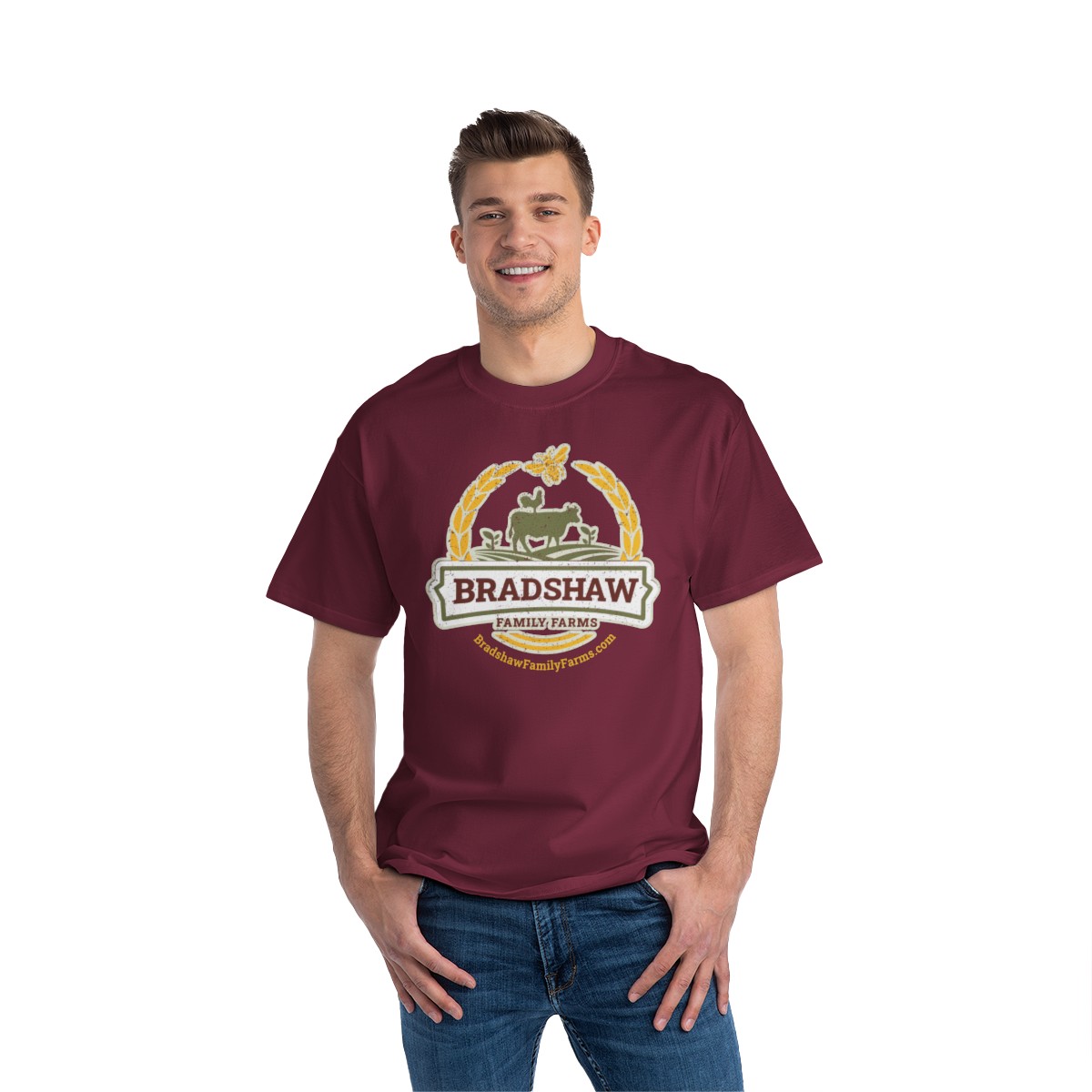 Bradshaw family farms logo on t-shirt