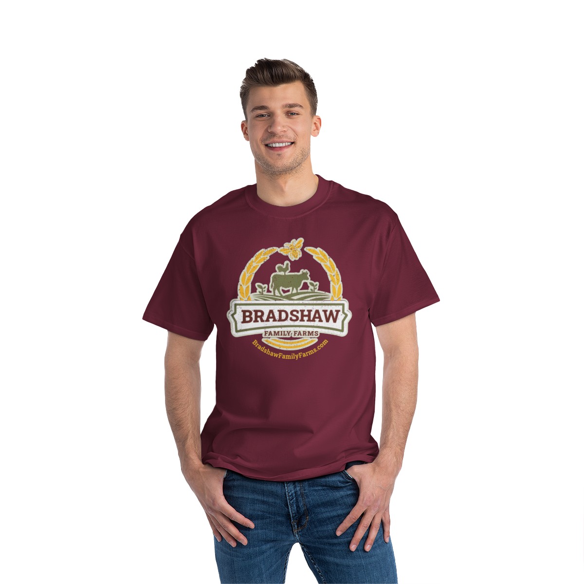 Bradshaw family farms logo on t-shirt