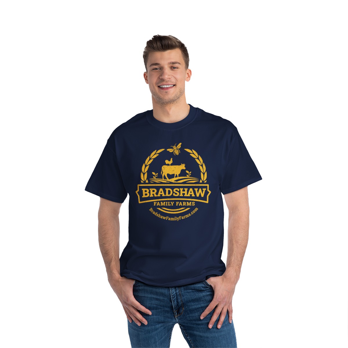 Bradshaw family farms logo on t-shirt