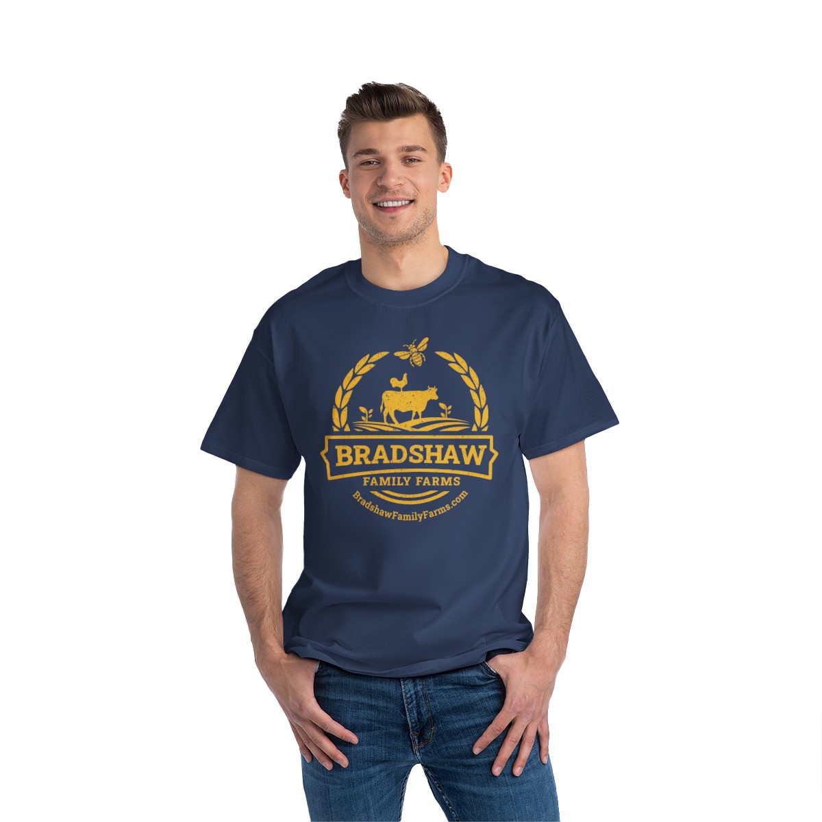 Bradshaw family farms logo on t-shirt