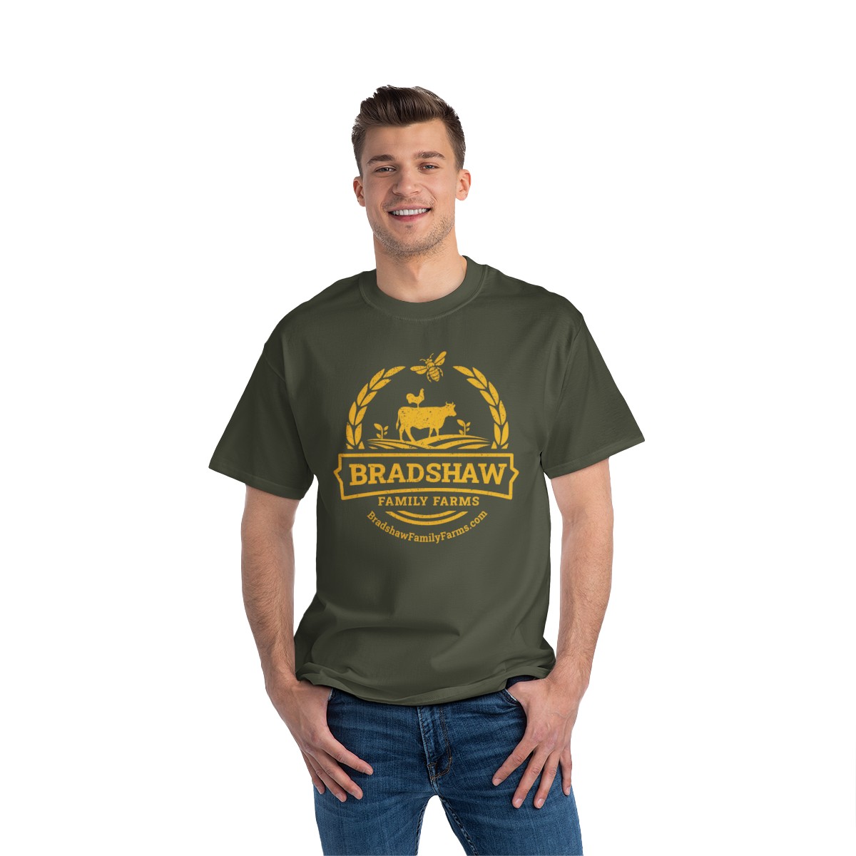 Bradshaw family farms logo on t-shirt