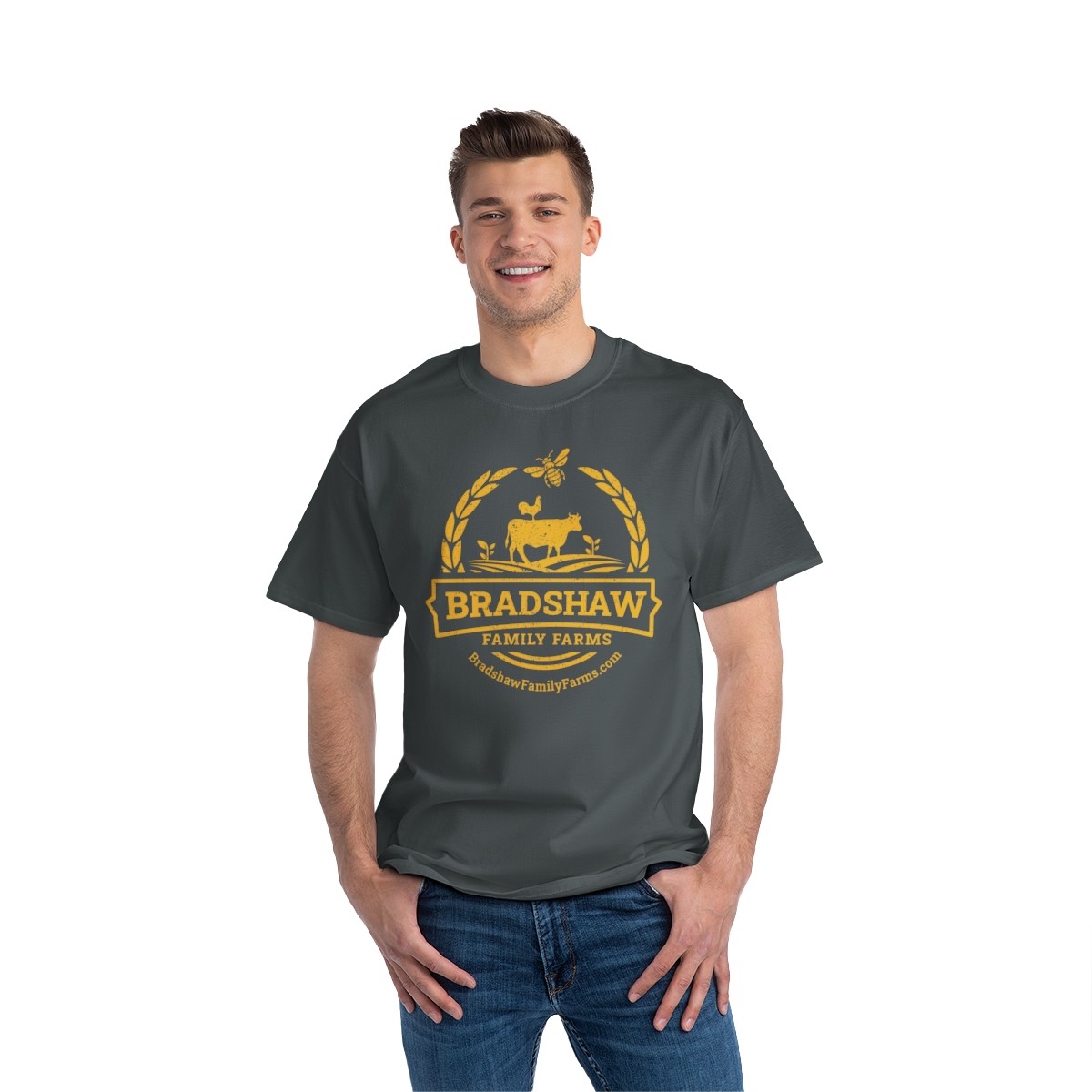 Bradshaw family farms logo on t-shirt