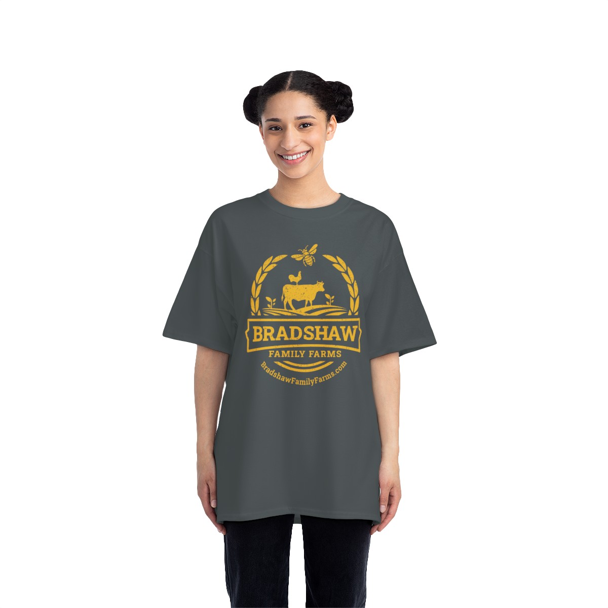 Bradshaw family farms logo on t-shirt