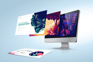 A modern desktop computer displays colorful illustrated website pages with nature and adventure themes, some pages floating off the screen and onto the surface, against a light blue background.