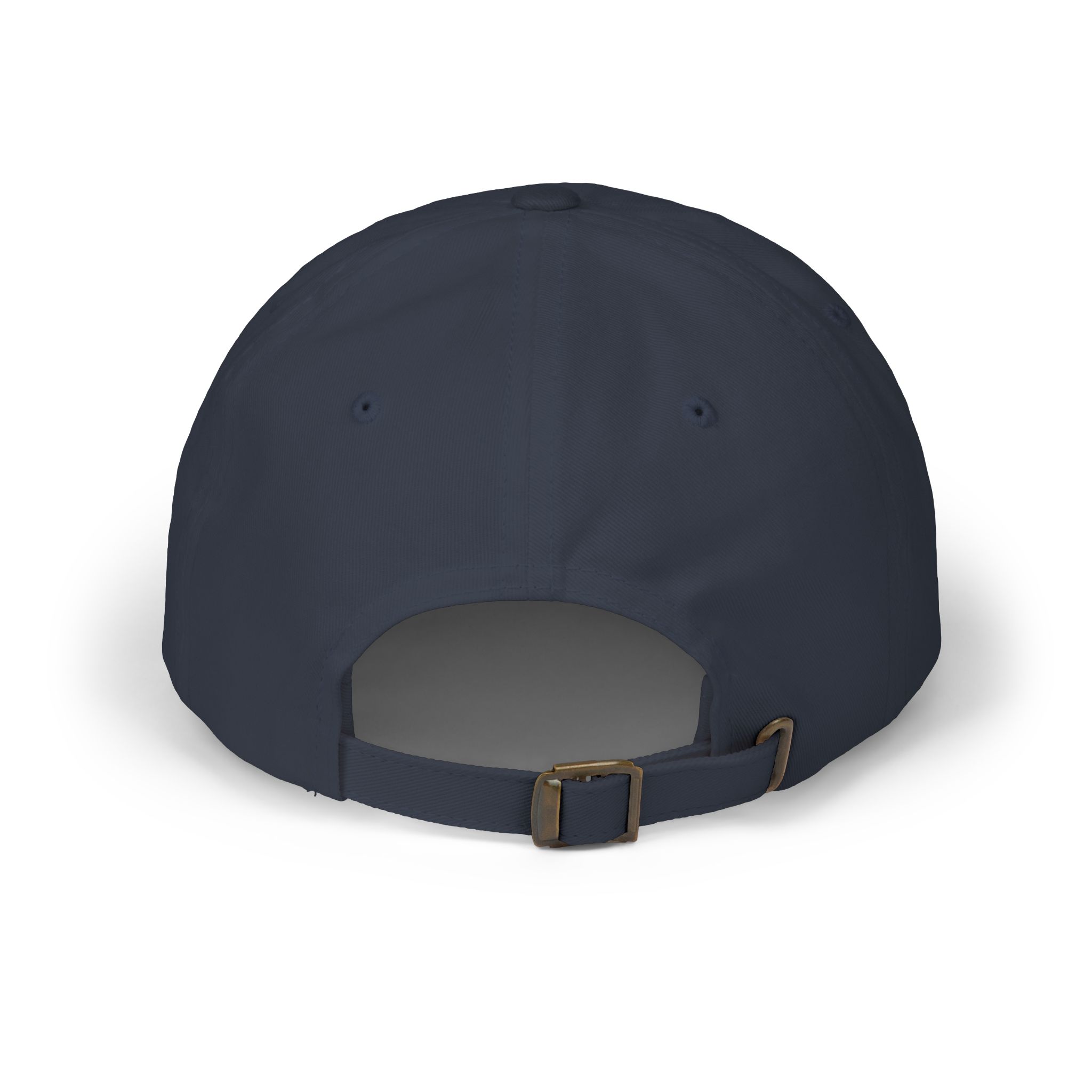 The Power Plus Electrical Services Embroidered Hat (Yupoong 6245CM) is shown from the back, featuring a navy blue color, adjustable strap with brass buckle, and a small opening above the strap.