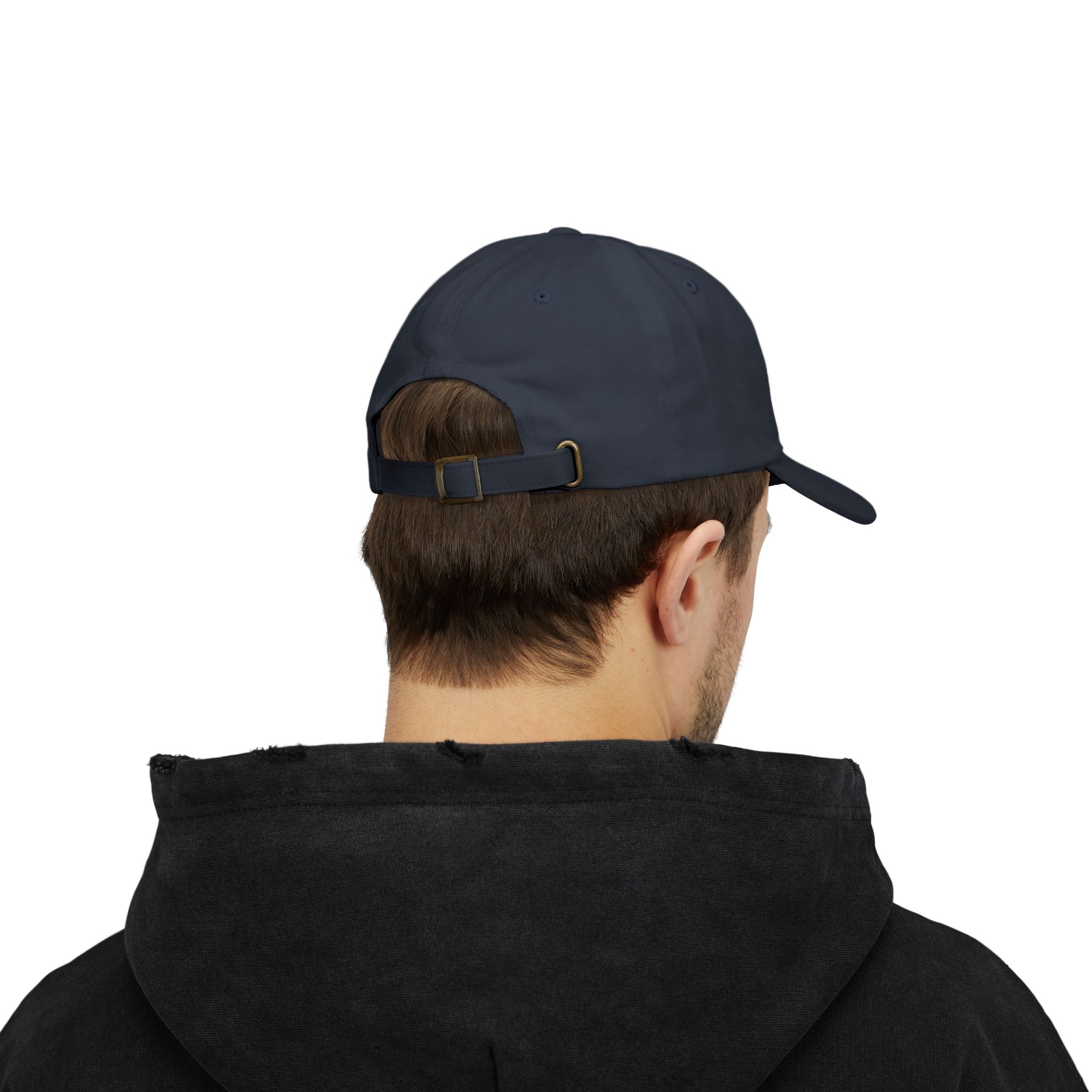 A person wearing a dark hoodie and the Power Plus Electrical Services Embroidered Hat (Yupoong 6245CM) is shown from behind, highlighting the adjustable strap and buckle. The background is plain white.