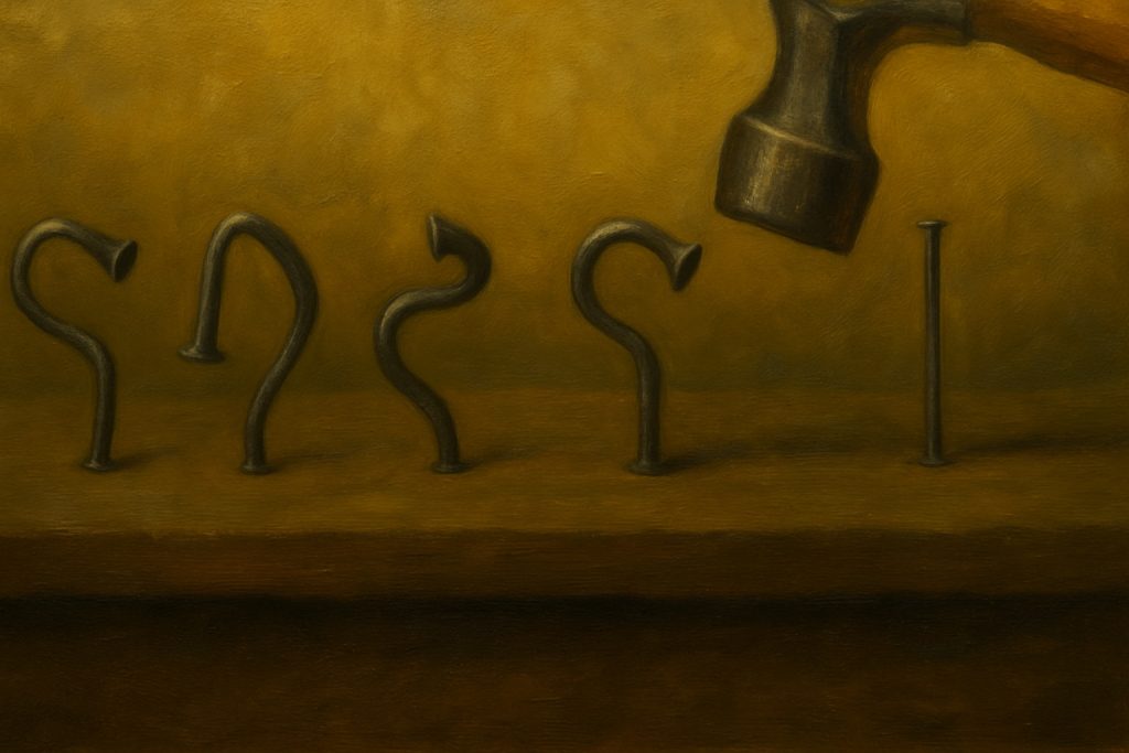 A row of bent nails stands upright on a wooden surface, beside a single straight nail, with a hammer positioned above them, ready to strike. The background is a muted yellow-brown.