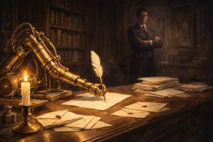 A brass robotic arm writes with a quill at a candlelit wooden desk covered in papers and sealed envelopes, while a man in a suit stands in the background in a dimly lit, book-filled study.