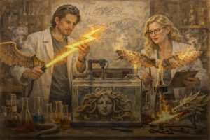 Two scientists in lab coats conduct experiments with mythical objects: a man holds a lightning bolt and a golden wing, while a woman holds a clipboard and a flaming phoenix. Medusa’s head and a dragon are on the table amid beakers.