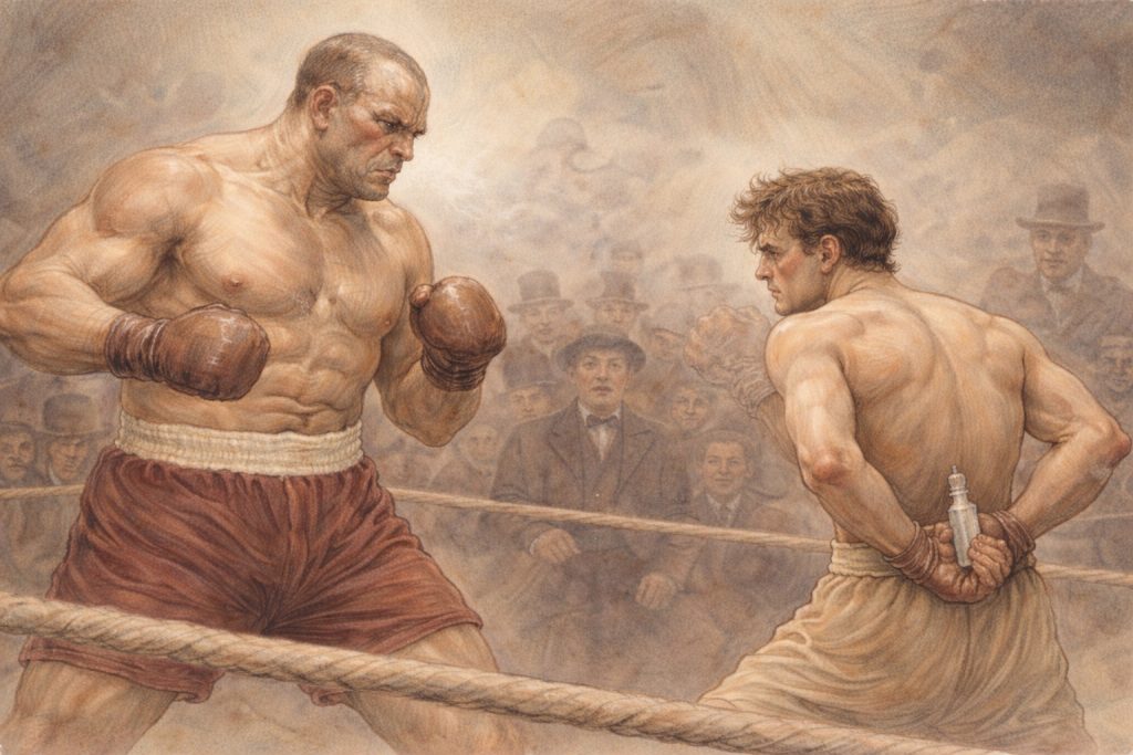 Two boxers face off in a vintage boxing ring, one muscular and intense, the other lean and holding a small object behind his back, with a crowd of spectators in old-fashioned clothing watching intently.