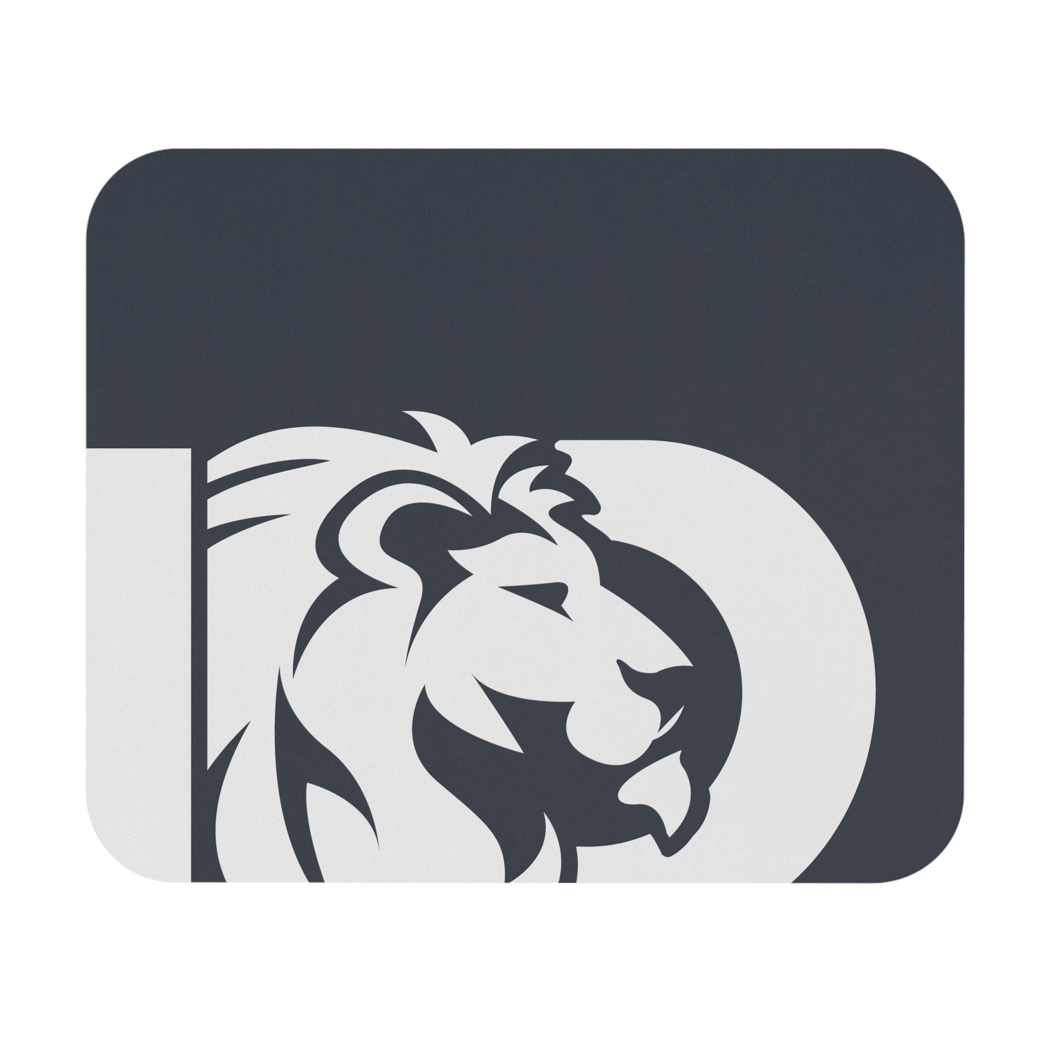 The Lion Logo Mouse Pad features a stylized white lion head within a bold, partial uppercase D on a dark gray rectangular background—ideal as a minimal desk mat for office or gaming.