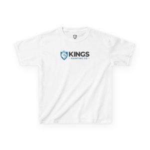 Kings Painting Co. Kids T-Shirt (Ultra Cotton Gildan) in white, featuring a blue and black KINGS PAINTING CO. logo with a stylized crown and paintbrush shield centered on the front.