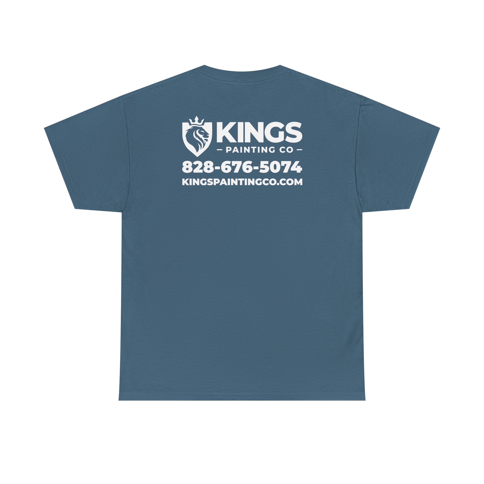 Kings Painting Co. Logo T‑Shirt (Classic) | Gildan Ultra Cotton (G5000) in blue, featuring the Kings Painting Co logo along with the phone number 828-676-5074 and website kingspaintingco.com printed in white on the back.