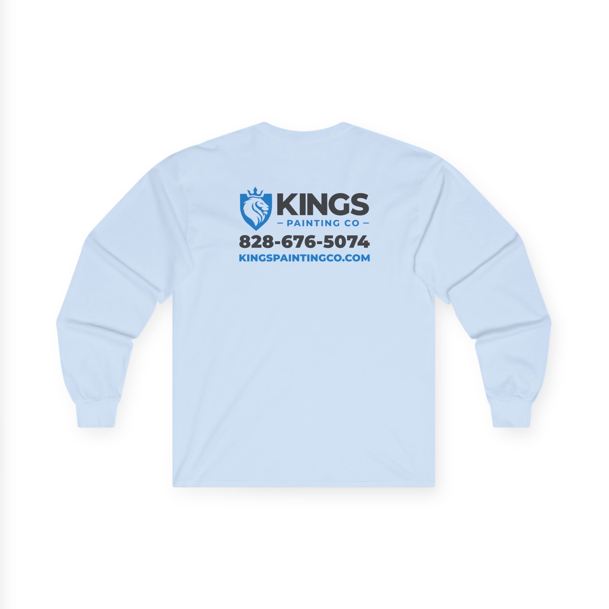 Kings Painting Co. Long Sleeve Tee (Gildan 2400): Light blue long-sleeve shirt featuring the Kings Painting Co. name, phone number, and website printed in blue and black on the back, along with a blue shield and paintbrush logo.