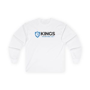 Kings Painting Co. Long Sleeve Tee (Gildan 2400) in white, featuring the Kings Painting Co. logo in blue and black text along with a blue lion emblem on the chest.