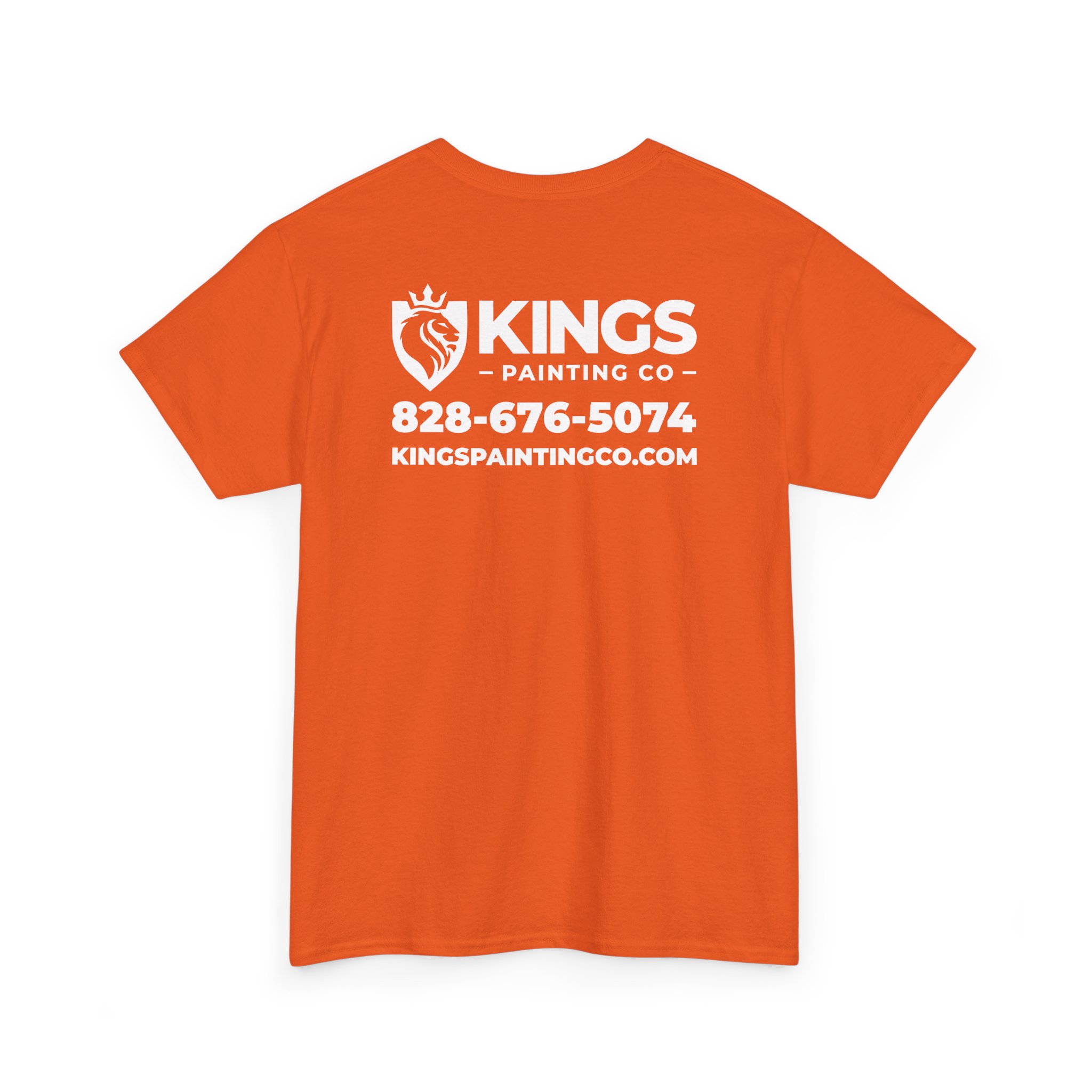 Kings Painting Co. Logo T‑Shirt (Classic) | Gildan Ultra Cotton (G5000) in orange, featuring Kings Painting Co, a lion logo, phone number 828-676-5074, and website kingspaintingco.com printed in white text on the back.
