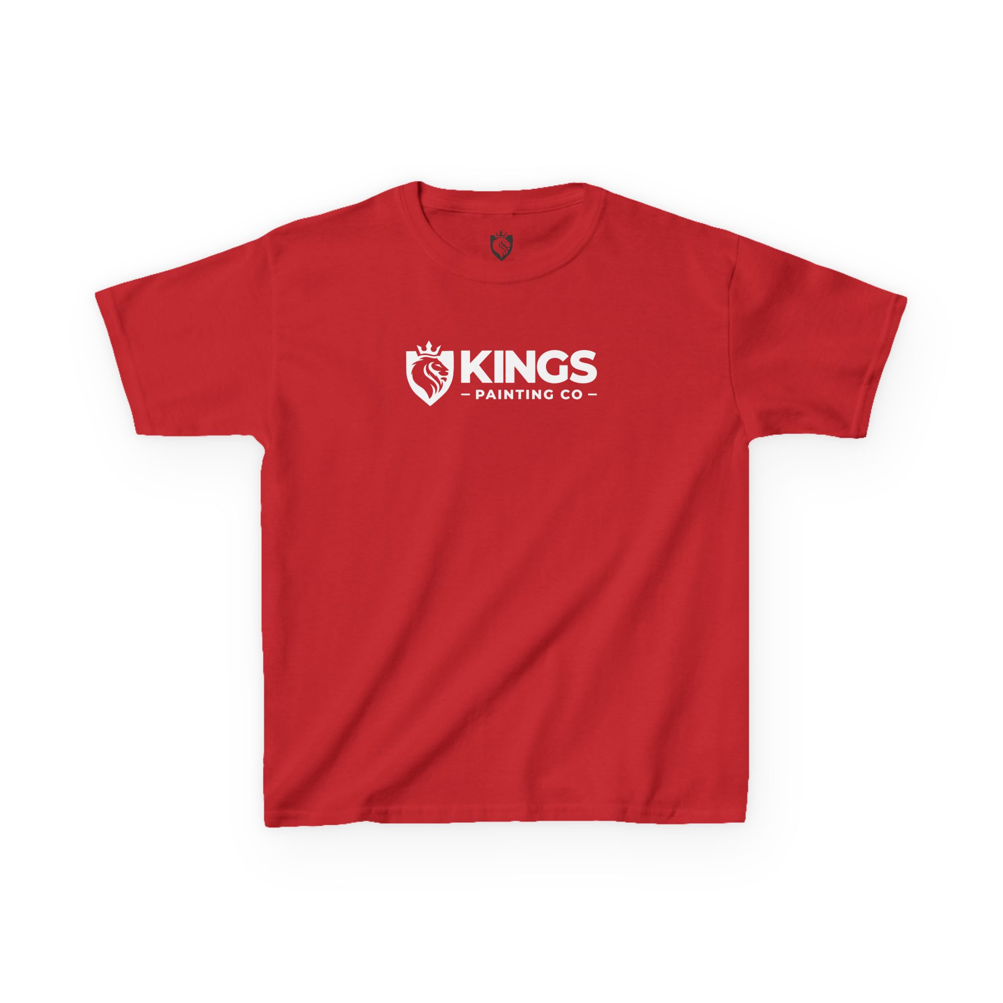 Kings Painting Co. Kids T-Shirt (White Graphics) | Gildan® – Red kids’ T-shirt featuring a white KINGS PAINTING CO logo with a crown-shaped shield on the chest, plus a smaller version of the logo inside the neckline.