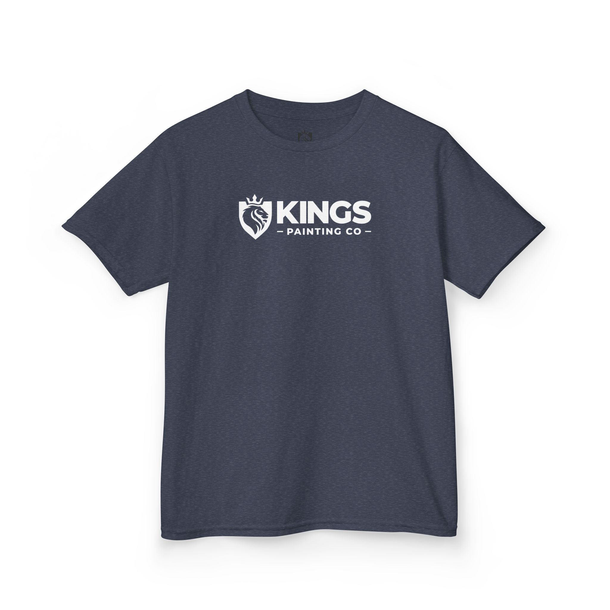 Kings Painting Co. Kids T-Shirt (White Graphics) by Gildan® features a navy blue design with a white KINGS PAINTING CO logo and a crowned lion head on the left chest.