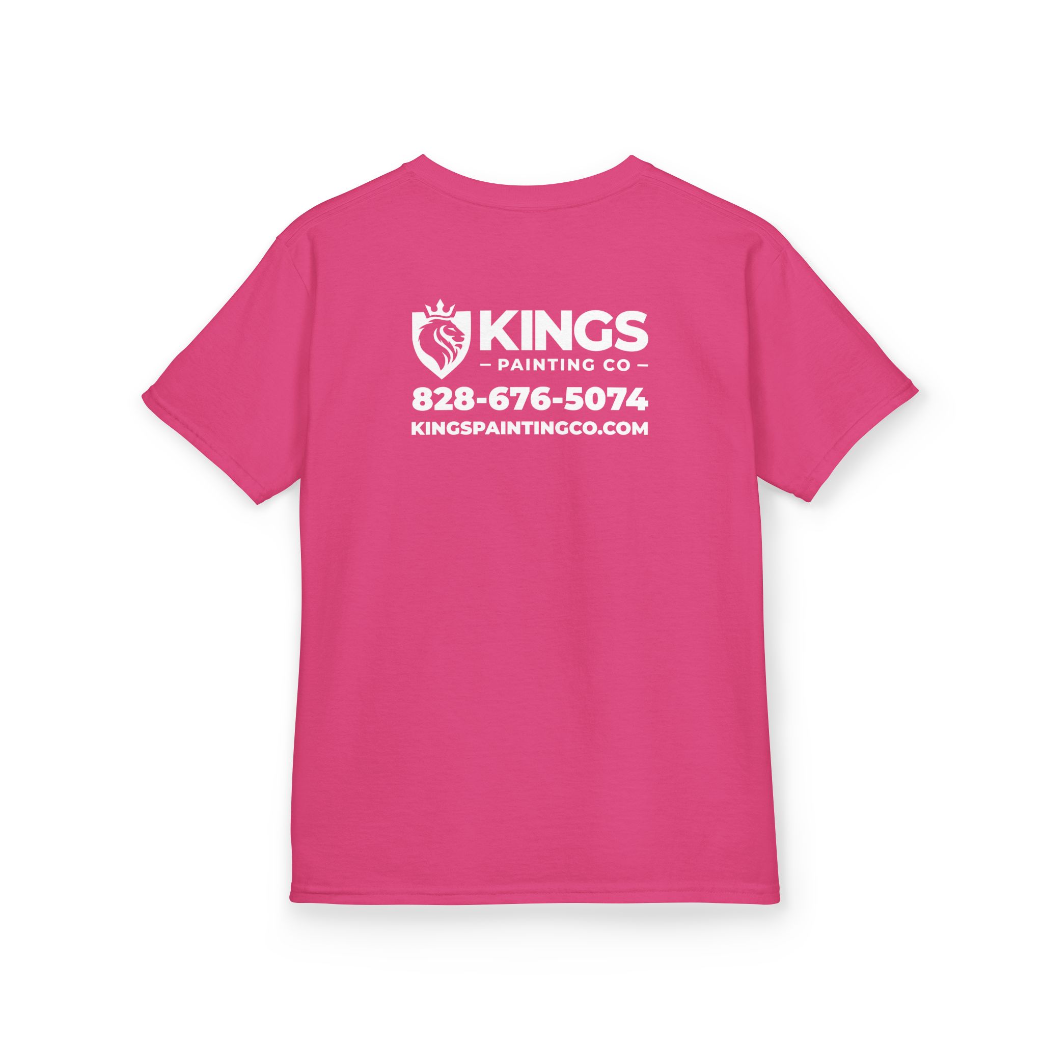 A bright pink Kings Painting Co. Kids T-Shirt (White Graphics) by Gildan®, featuring "KINGS PAINTING CO," a phone number, website, and a crowned lion logo printed in white on the back.