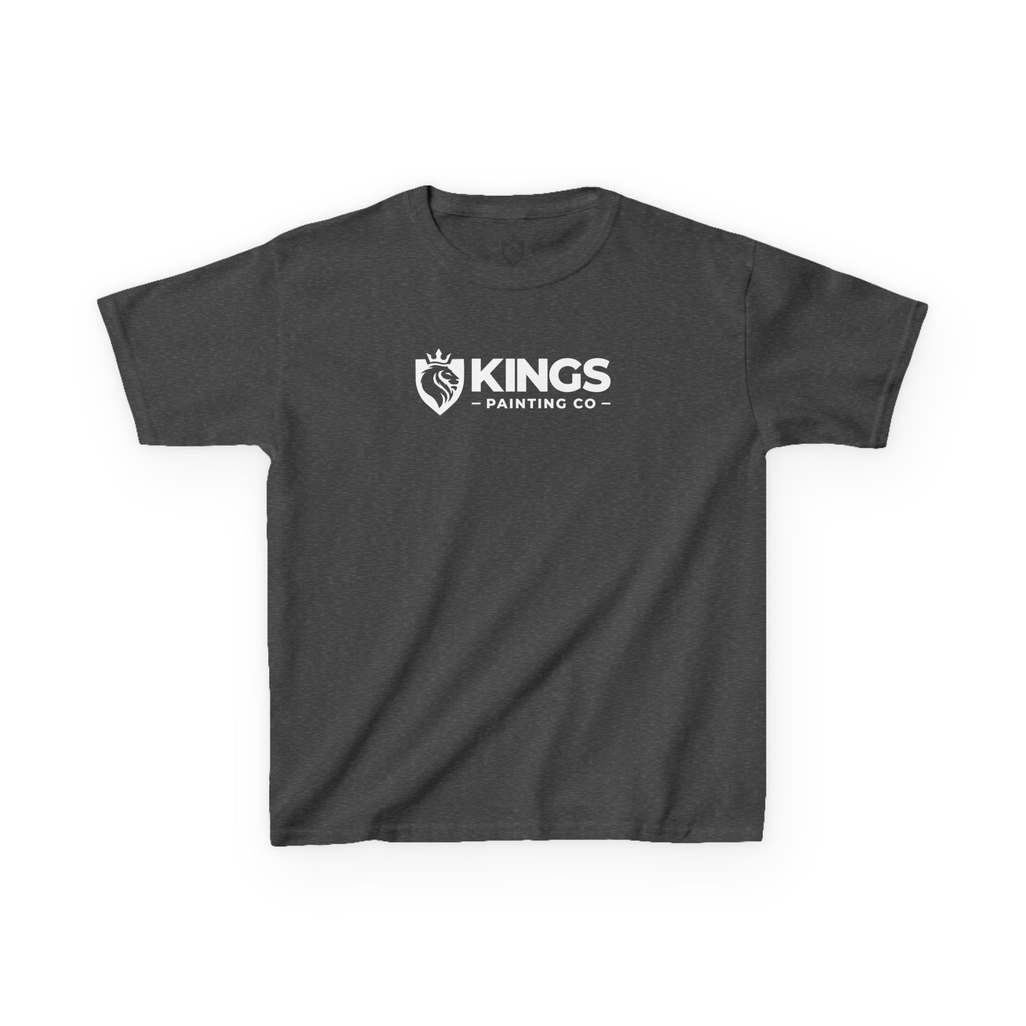 Kings Painting Co. Kids T-Shirt (White Graphics) by Gildan®, featuring a dark gray fabric with a centered white Kings Painting Co. logo of a hand holding a paintbrush topped with a crown on the chest.