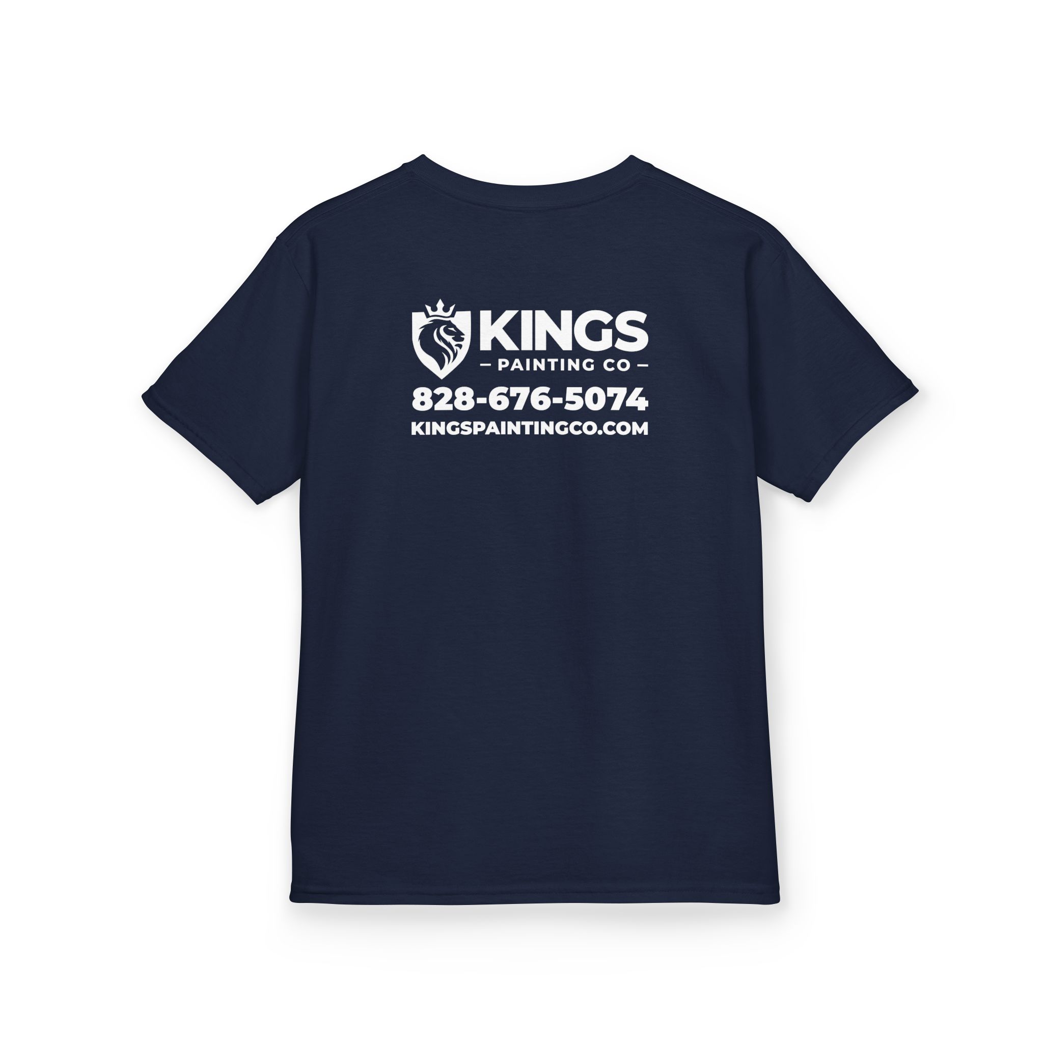 Kings Painting Co. Kids T-Shirt (White Graphics) by Gildan® is a navy blue t-shirt featuring the KINGS PAINTING CO name, a lion logo, phone number, and website printed in white on the back.
