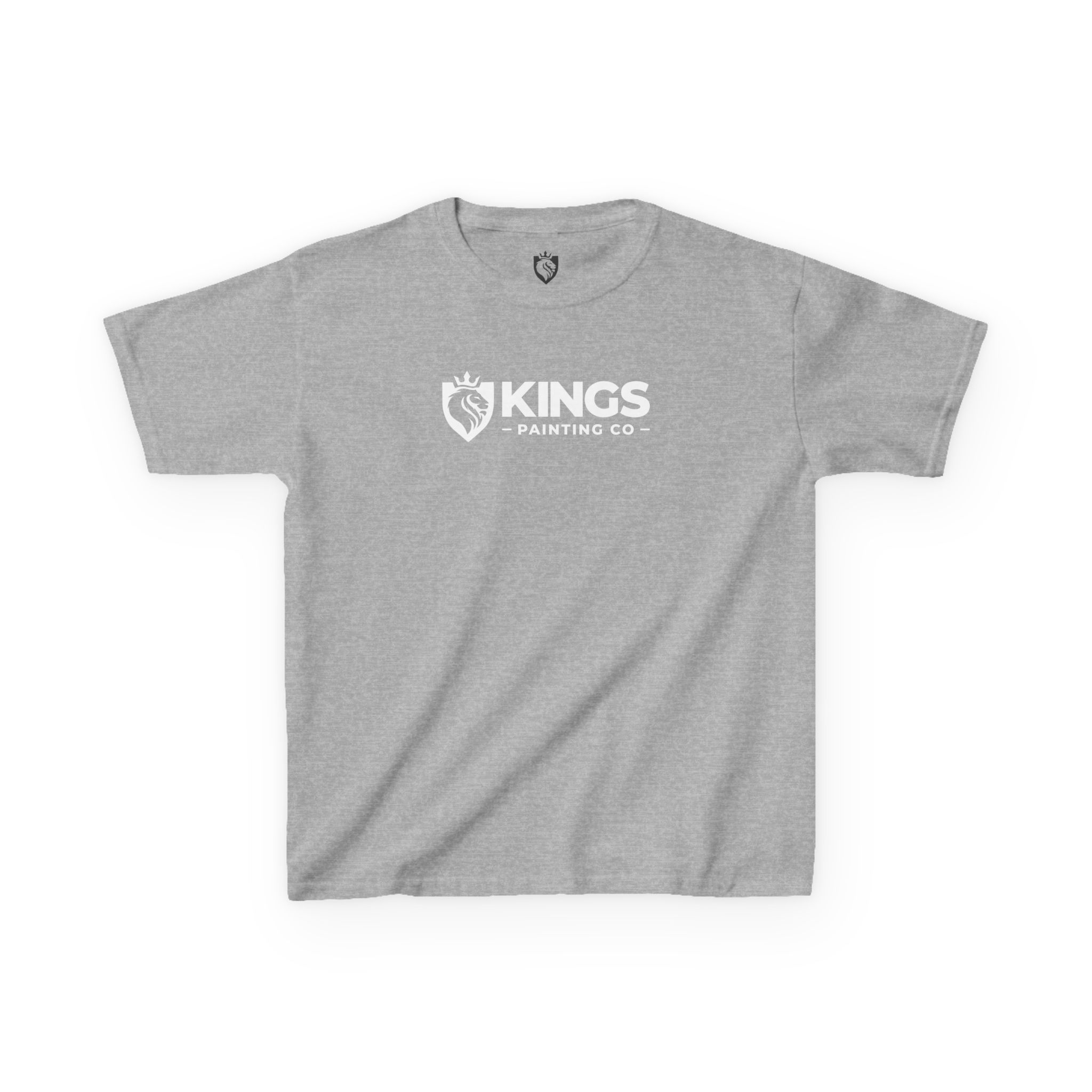 Kings Painting Co. Kids T-Shirt (White Graphics) | Gildan®—gray kids’ tee featuring a white KINGS PAINTING CO logo with paintbrush and crown graphic on the chest, plus a small matching logo near the collar.