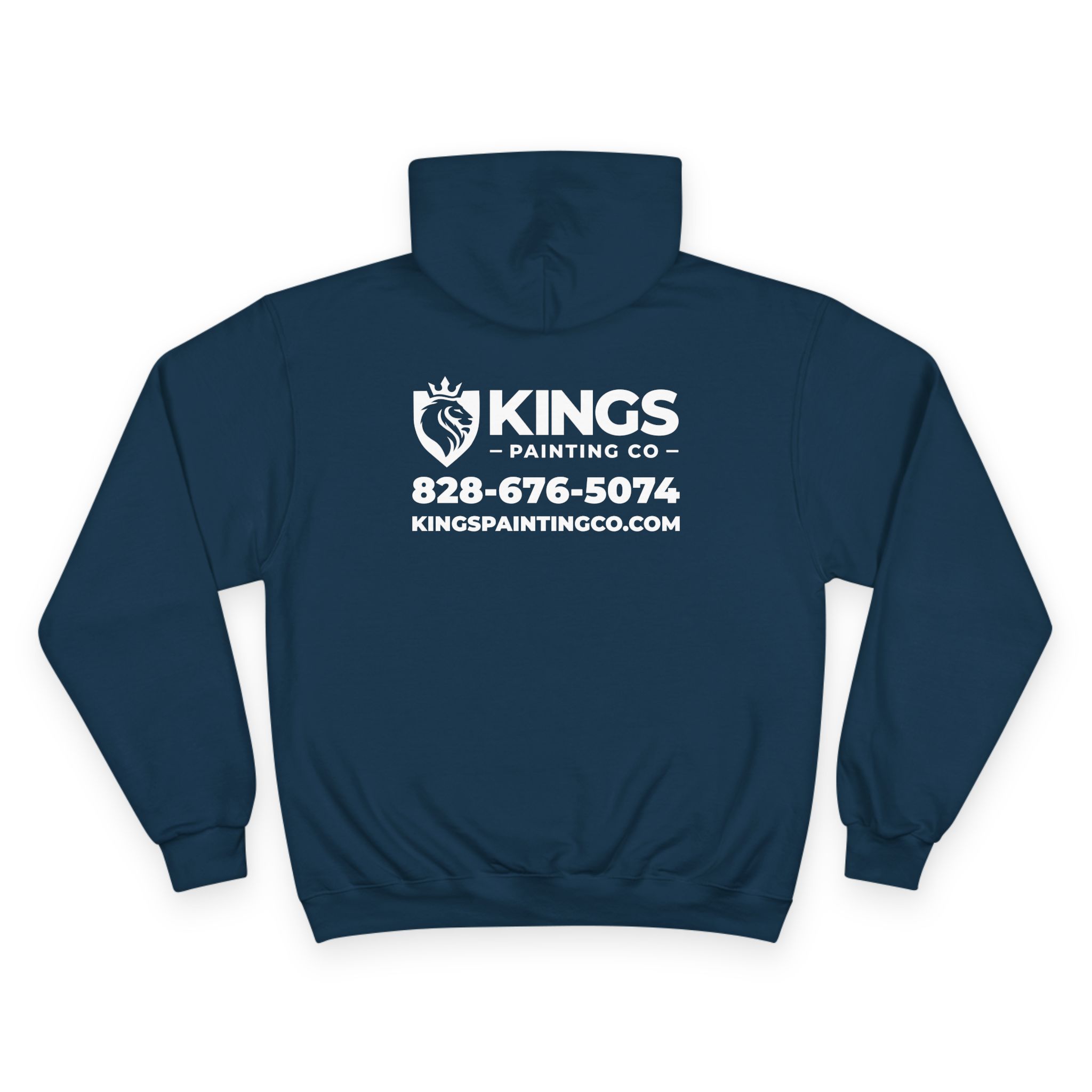 Kings Painting Co. Logo Hoodie | Champion® in navy blue, featuring the KINGS PAINTING CO. logo, a lion graphic, phone number (828-676-5074), and website (KINGS PAINTINGCO.COM) printed in white on the back.