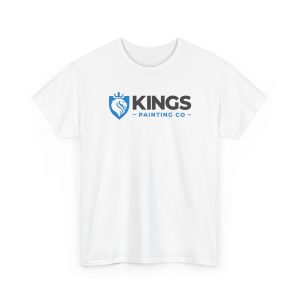 Kings Painting Co. Logo T‑Shirt (Gildan Ultra Cotton G2000) – features a white tee with the Kings Painting Co. logo in black and blue text, alongside a blue shield displaying a lion’s head and crown.