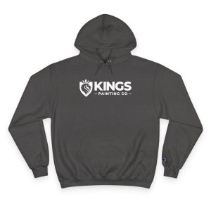 Kings Painting Co. Logo Hoodie by Champion® in dark gray, featuring KINGS PAINTING CO and a white lion crest logo printed on the front. Includes a front pocket and drawstring hood.