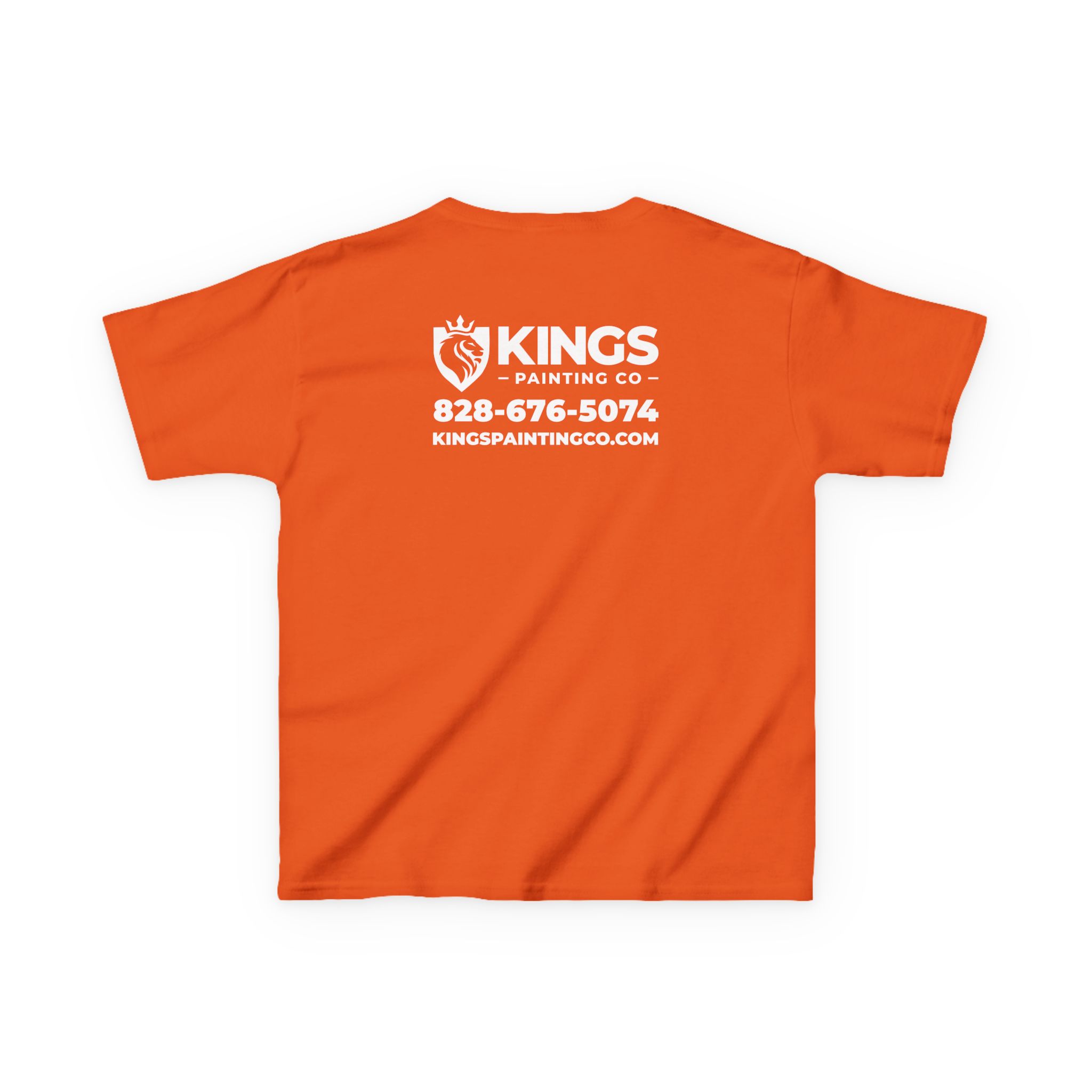 A kids' orange Gildan® t-shirt featuring white Kings Painting Co. graphics on the back, including a phone number, website, and a logo with a paintbrush and crown.