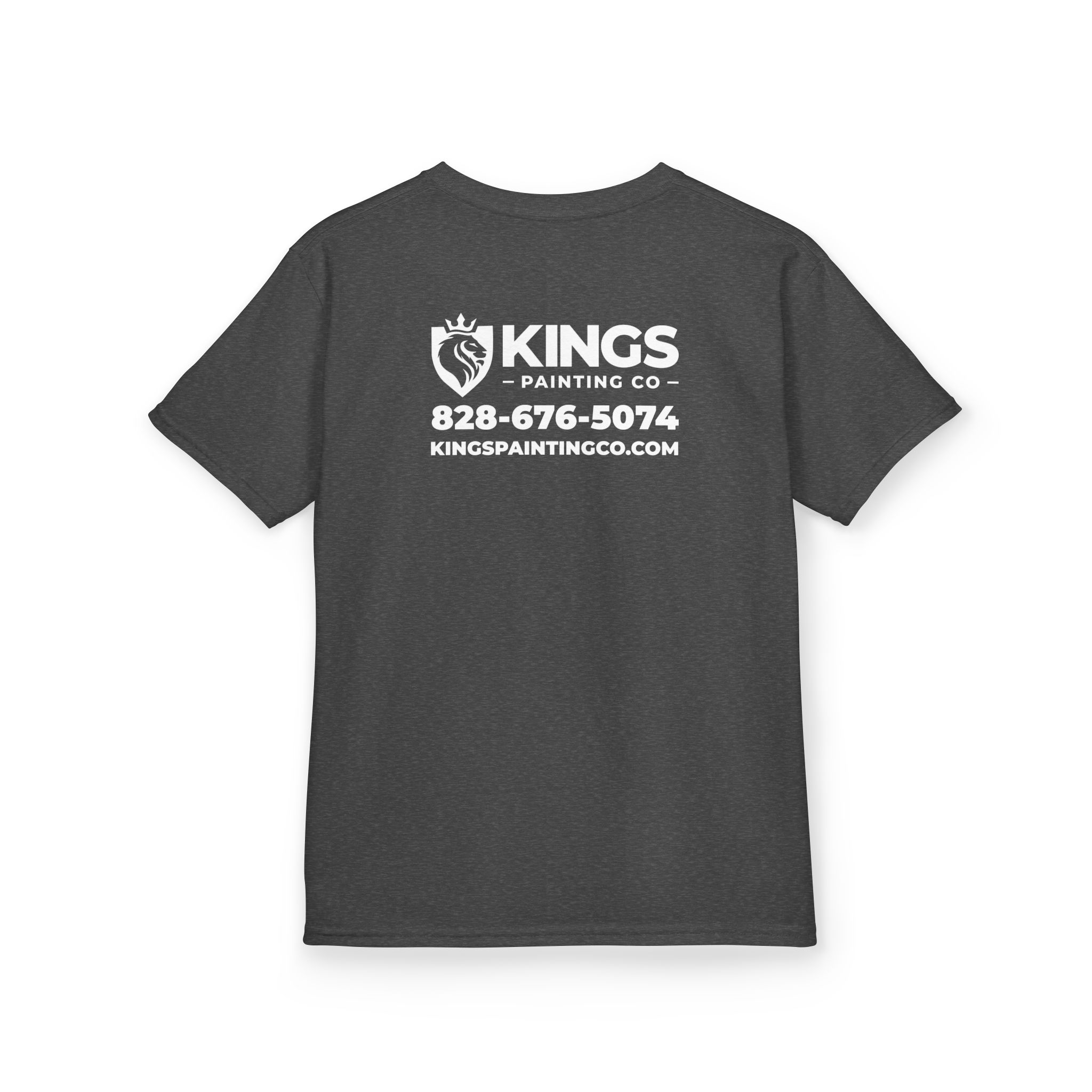 Kings Painting Co. Kids T-Shirt (White Graphics) by Gildan® in dark gray features "KINGS PAINTING CO," a crown logo, the phone number 828-676-5074, and website KINGS PAINTINGCO.COM printed in white on the back.