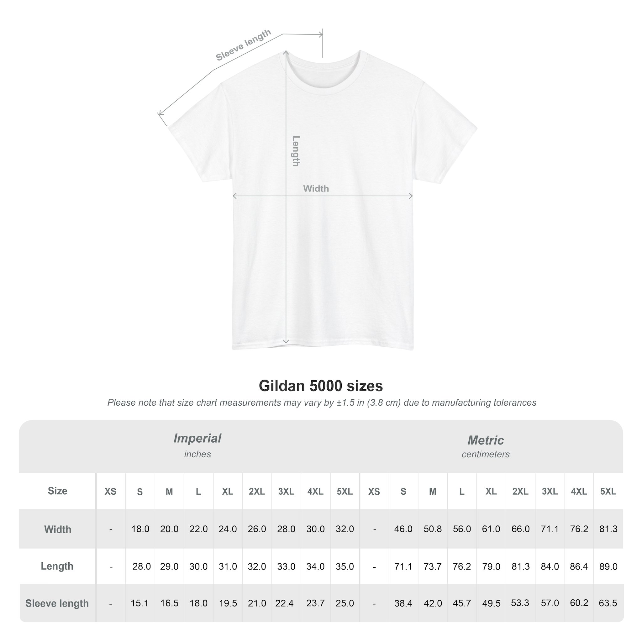 Diagram shows a Kings Painting Co. Logo T‑Shirt (Classic) | Gildan Ultra Cotton (G5000) with labeled width, length, and sleeve length. Below is a size chart listing dimensions in inches and centimeters for sizes XS to 5XL.