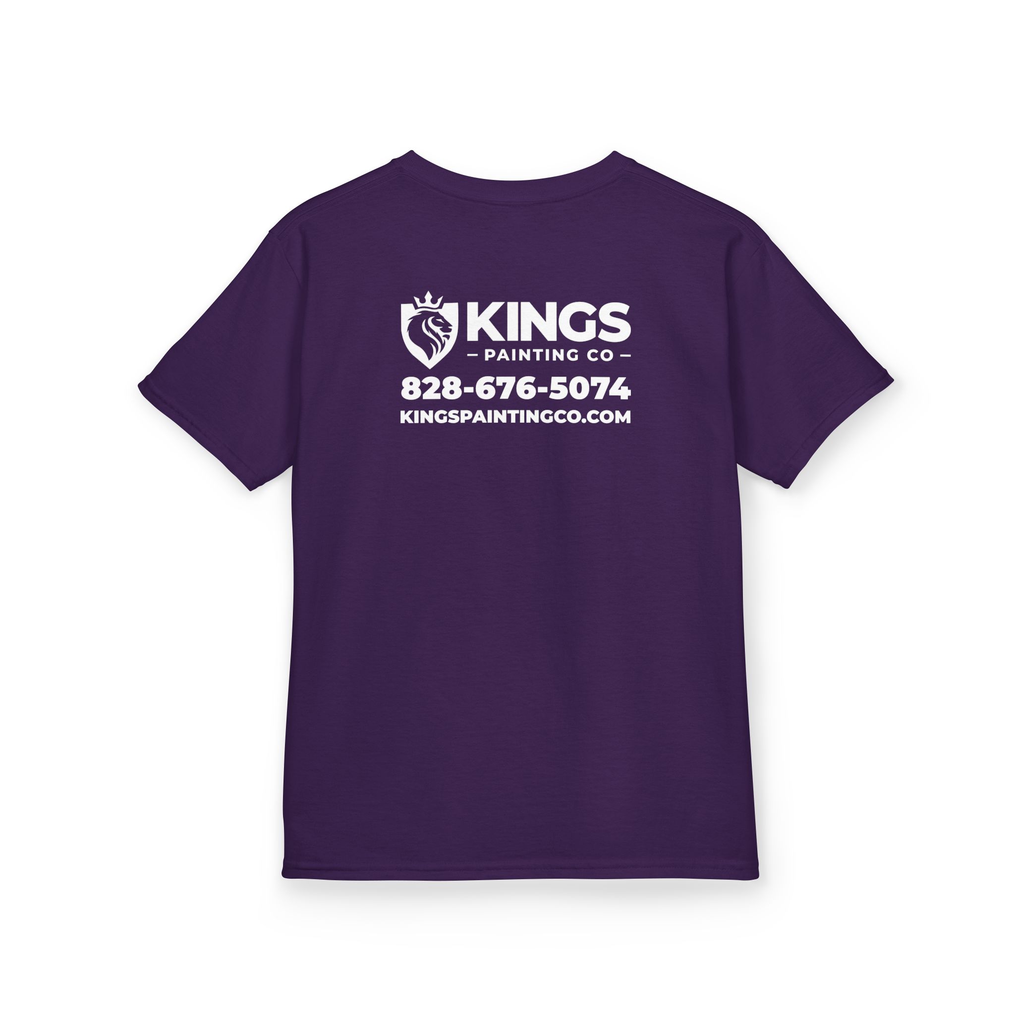 Kings Painting Co. Kids T-Shirt (White Graphics) | Gildan®: Purple kids’ t-shirt featuring the KINGS PAINTING CO name, a lion logo, phone number 828-676-5074, and website kingspaintingco.com in white text on the back.