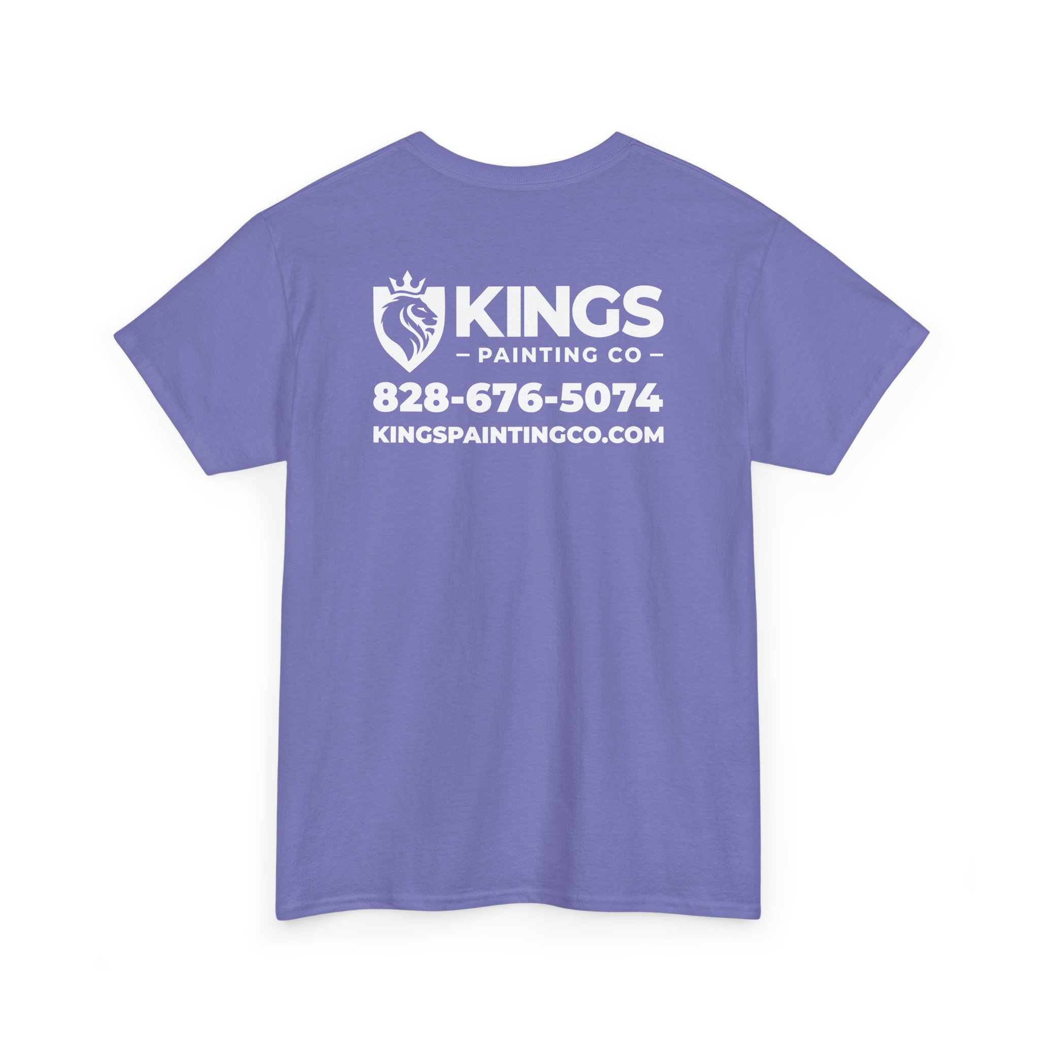 Kings Painting Co. Logo T‑Shirt (Classic) | Gildan Ultra Cotton (G5000): Purple t-shirt featuring "Kings Painting Co", a lion logo, the phone number 828-676-5074, and the website kingspaintingco.com printed in white text on the back.