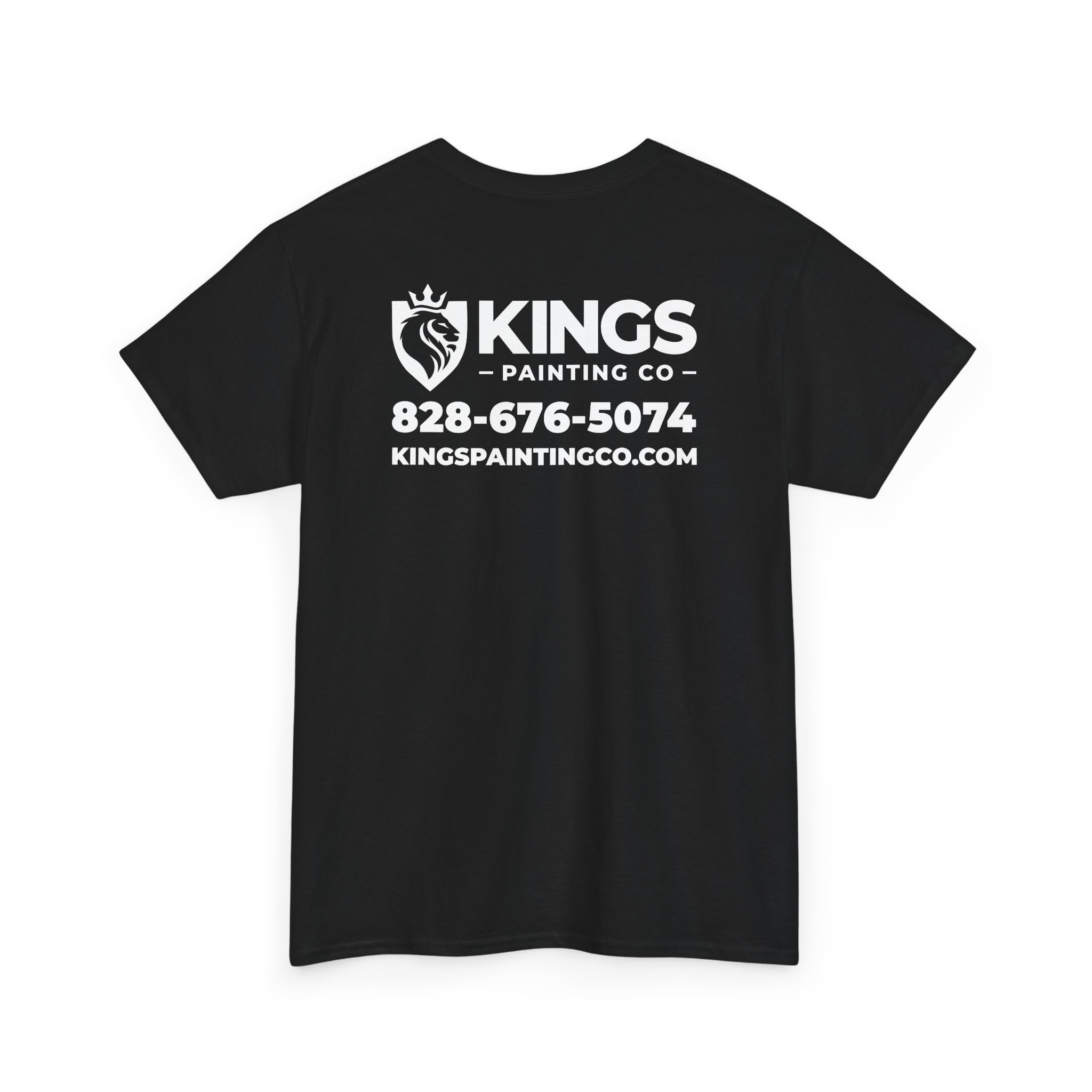 Kings Painting Co. Logo T‑Shirt (Classic) | Gildan Ultra Cotton (G5000): Black shirt featuring white "Kings Painting Co" text, a lion logo, phone number 828-676-5074, and website kingspaintingco.com printed on the back.