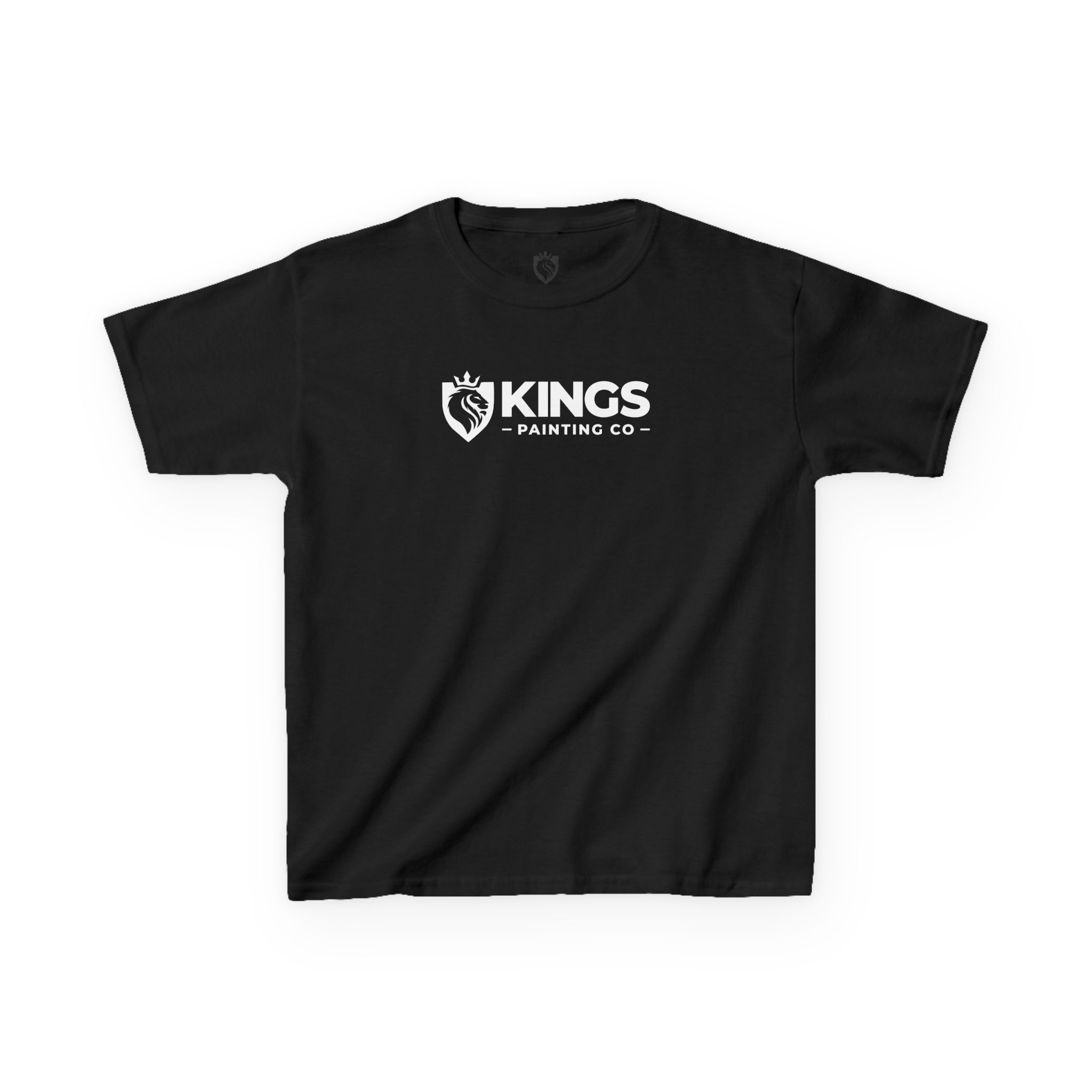 The Kings Painting Co. Kids T-Shirt (White Graphics) | Gildan® features a centered, minimalist white "Kings Painting Co" design with a crowned paintbrush logo on the chest. The black tee is displayed flat against a white background.