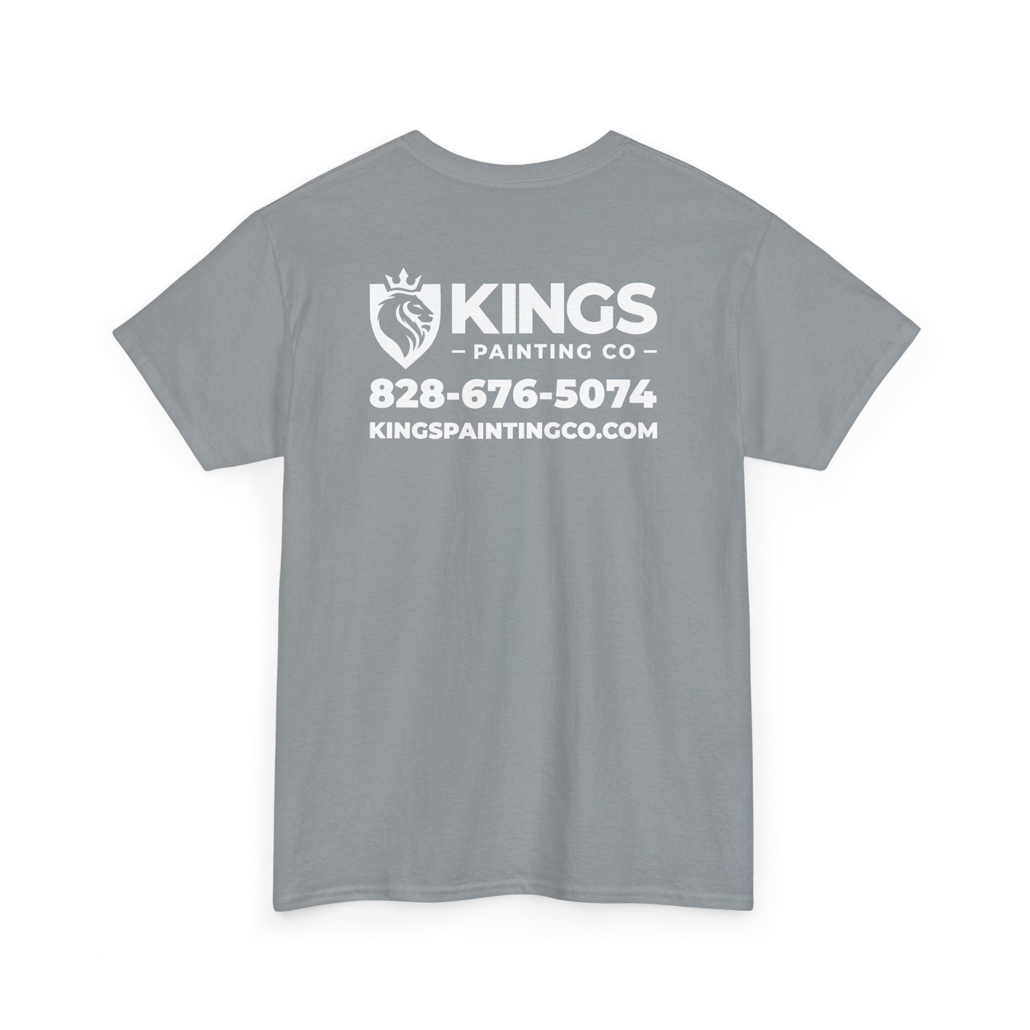 Kings Painting Co. Logo T‑Shirt (Classic) | Gildan Ultra Cotton (G5000): Gray t-shirt featuring “KINGS PAINTING CO,” a lion logo, the phone number 828-676-5074, and the website KINGSPAINTINGCO.COM printed in white on the back.