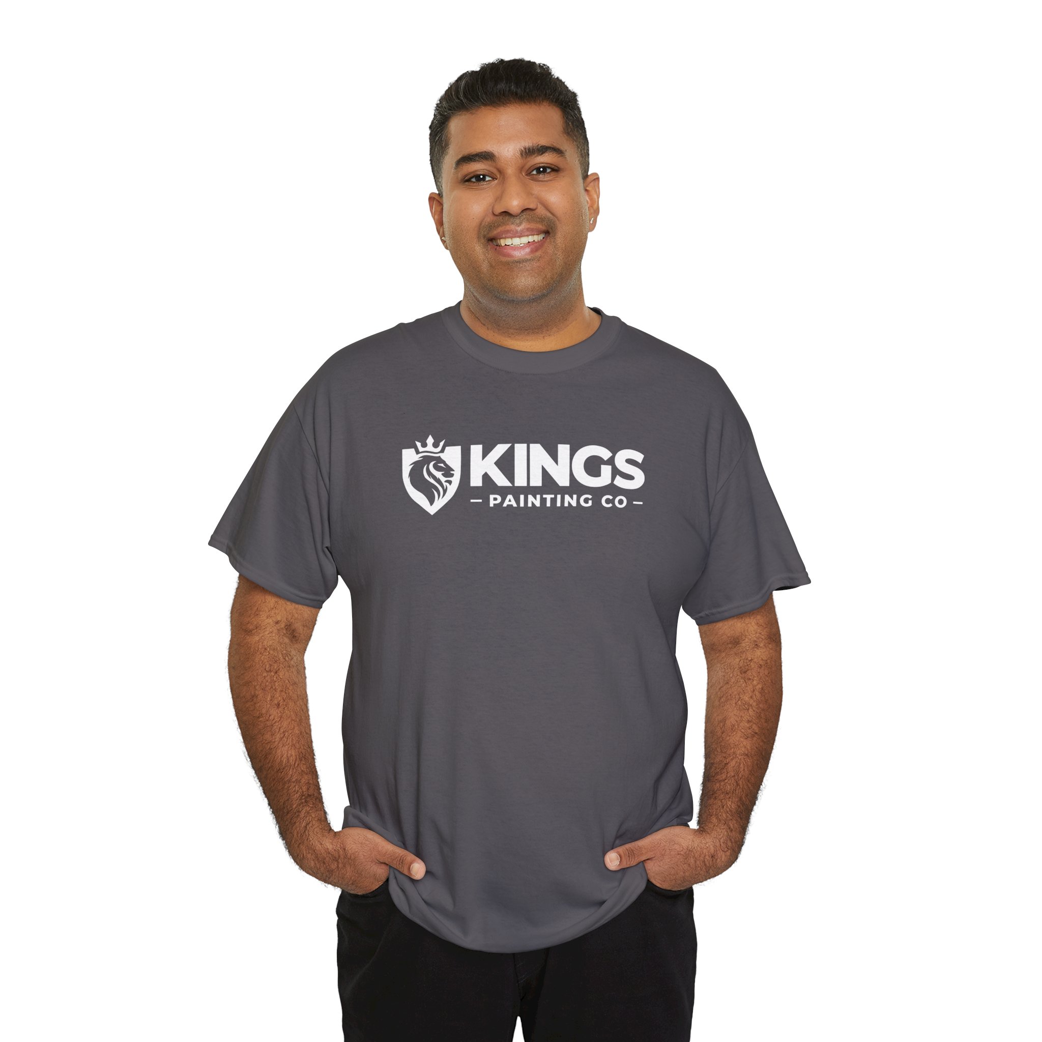 Smiling man in a gray Kings Painting Co. Logo T‑Shirt (Classic) | Gildan Ultra Cotton (G5000) stands with hands in pockets against a white background.