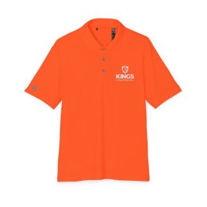 Kings Painting Co. Performance Polo by Under Armour®, featuring a bright orange color, three-button placket, KINGS PAINTING CO. 2023 logo and lion graphic on the left chest, and a small white Under Armour® logo on the left sleeve. The shirt is displayed laid flat on a white background.