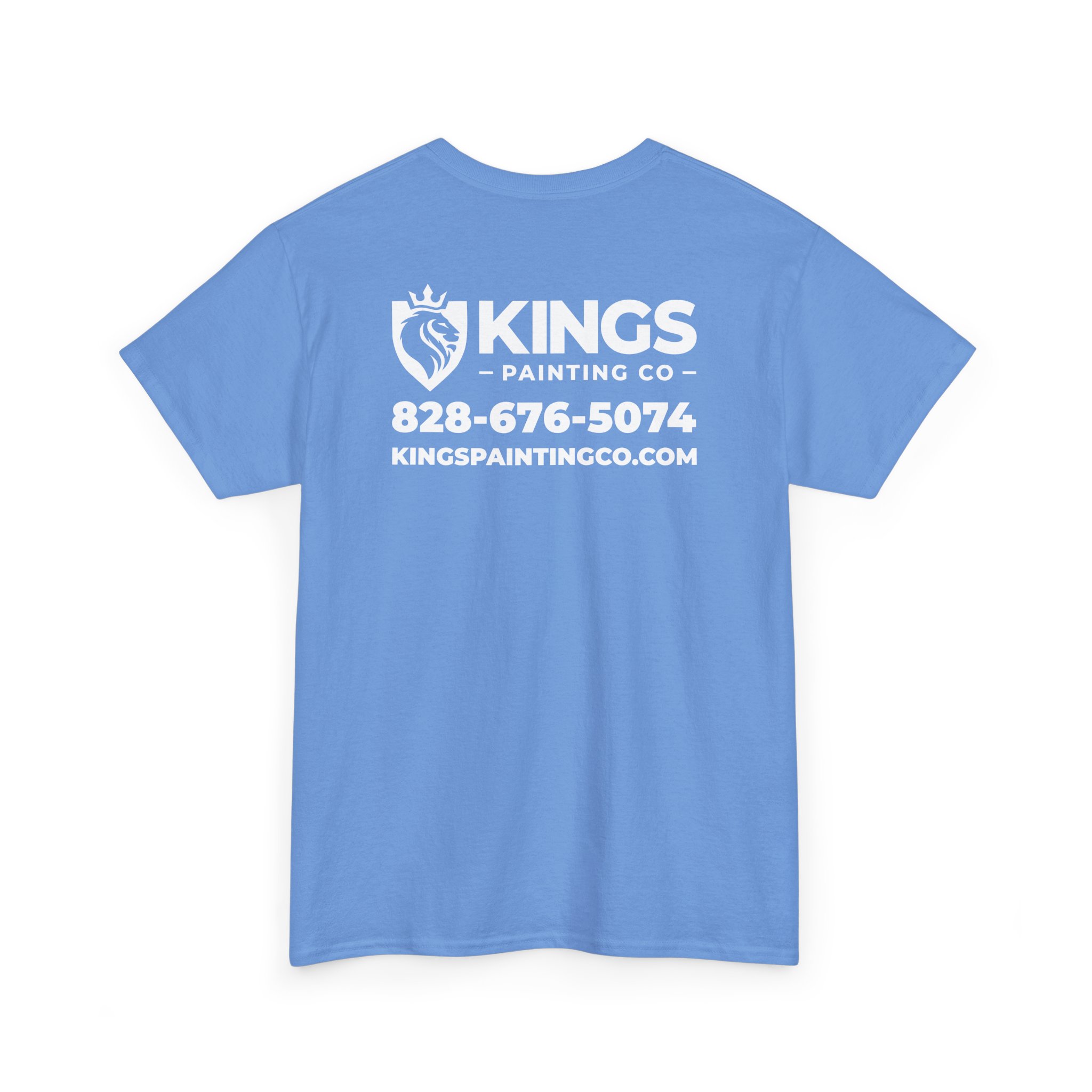 Kings Painting Co. Logo T-Shirt (Classic) by Gildan Ultra Cotton (G5000) in blue, featuring a lion logo above white text—KINGS PAINTING CO, 828-676-5074, and KINGS PAINTINGCO.COM—printed on the back.