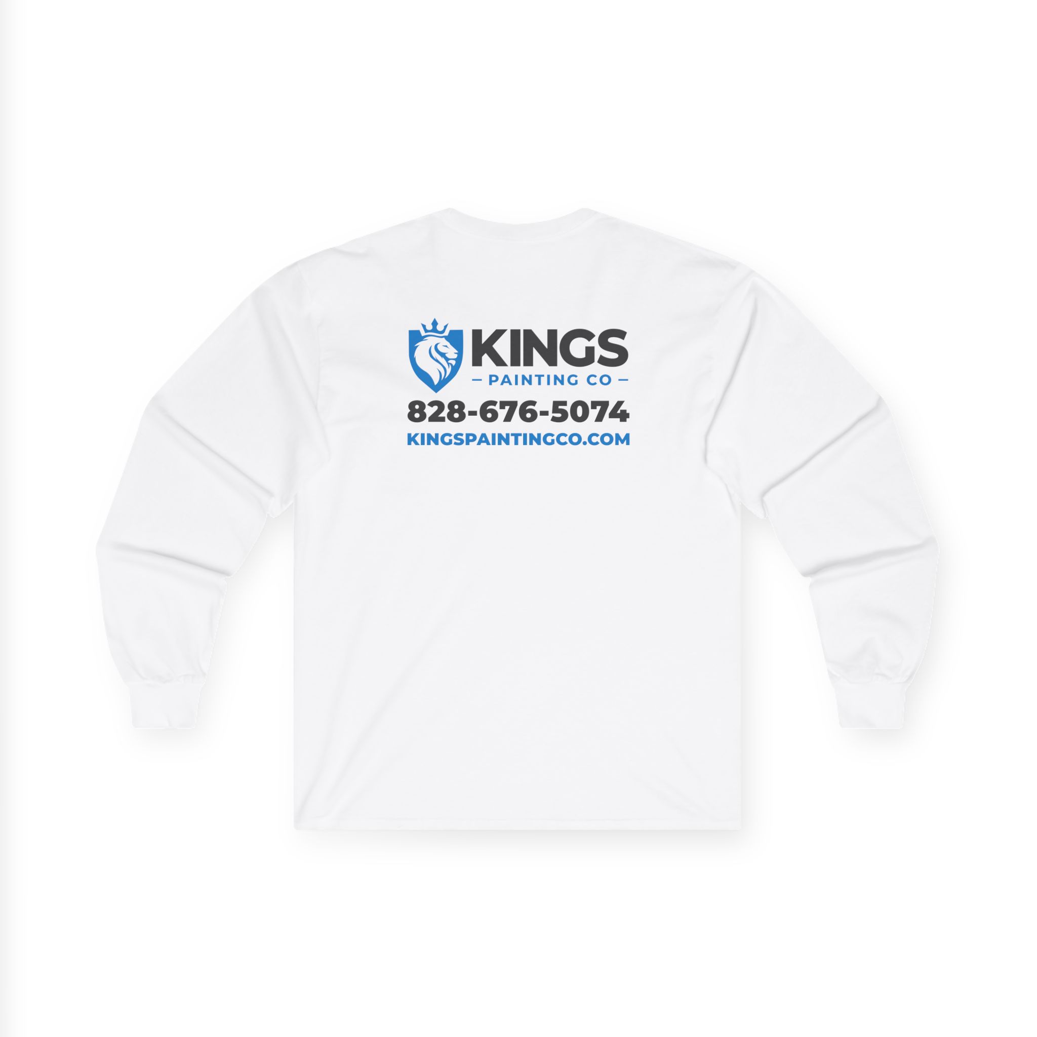 Kings Painting Co. Long Sleeve Tee (Gildan 2400) in white, featuring the Kings Painting Co logo, phone number 828-676-5074, and website kingspaintingco.com printed in blue on the back.