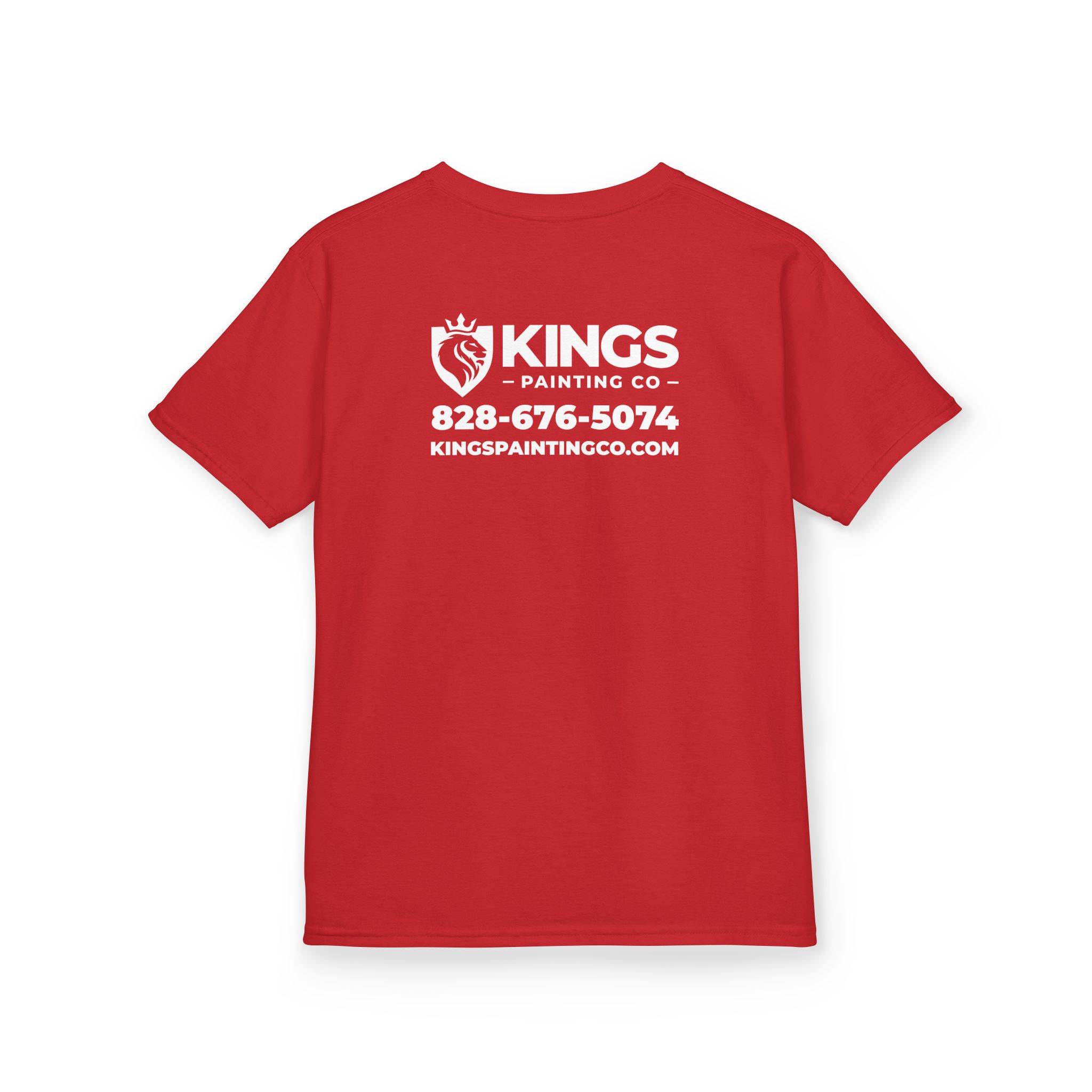Kings Painting Co. Kids T-Shirt (White Graphics) | Gildan® – Red shirt featuring white "KINGS PAINTING CO," a lion logo, phone number 828-676-5074, and website KINGS PAINTINGCO.COM printed on the back.