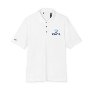 The Kings Painting Co. Performance Polo by Under Armour® is a white, short-sleeve shirt featuring the Kings Painting Co. logo and a blue crown on the left chest, along with a small gray logo on the left sleeve. It also has a classic three-button collar.